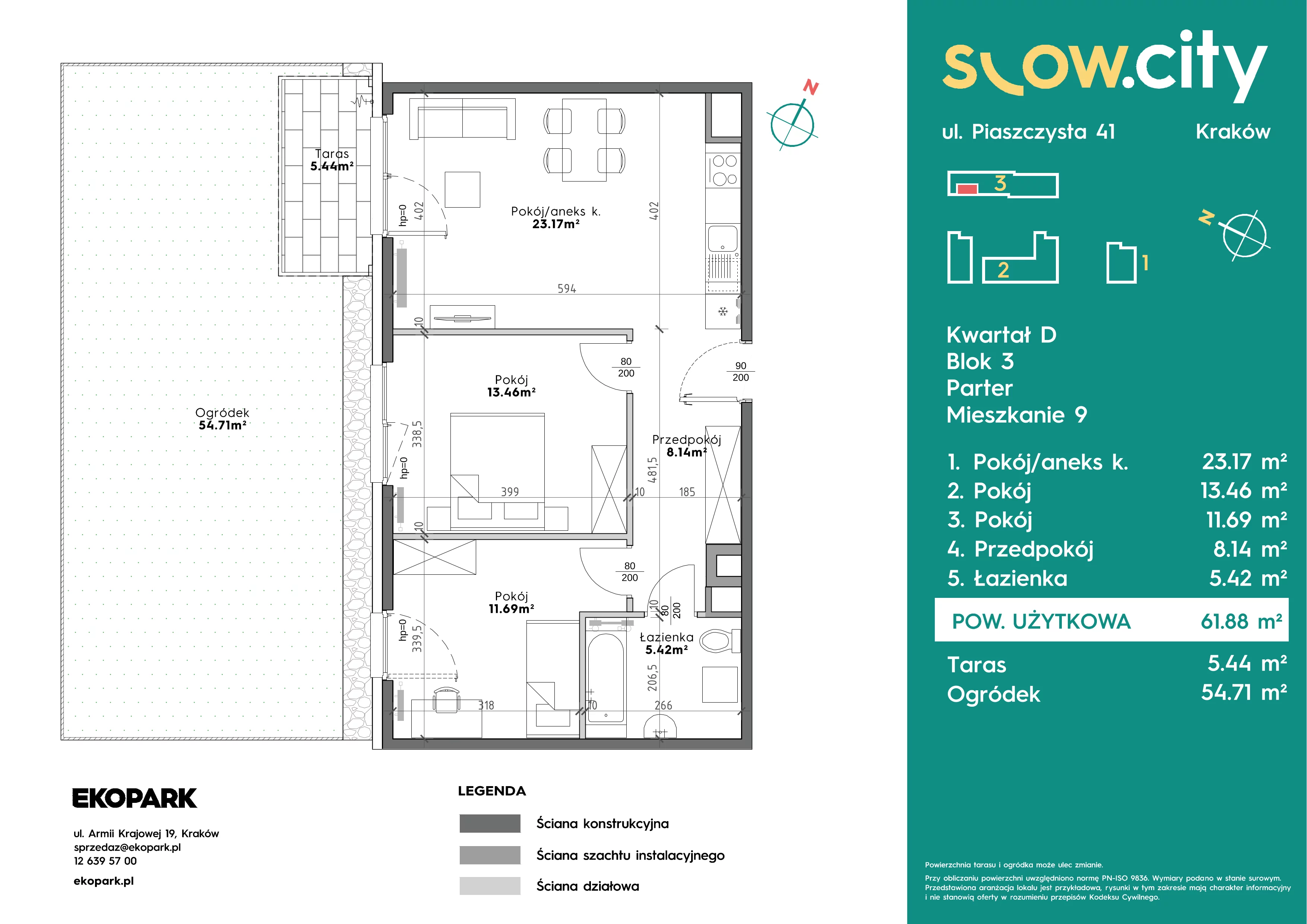 3 pokoje, mieszkanie 61,88 m², parter, oferta nr D3-9, Slow City - Etap D, Kraków, Prądnik Biały, ul. Piaszczysta