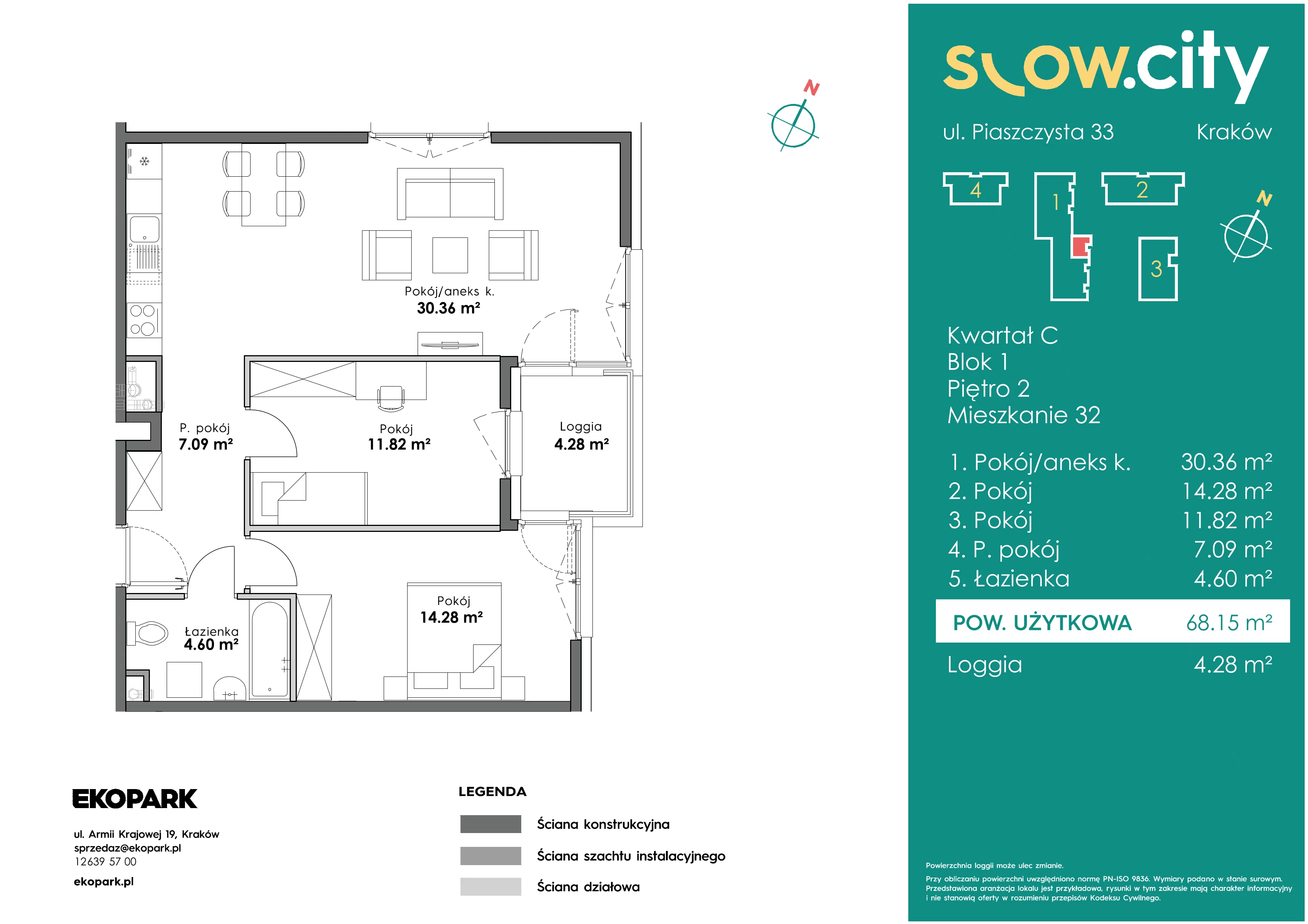 3 pokoje, mieszkanie 68,15 m², piętro 2, oferta nr C1-32, Slow City, Kraków, Prądnik Biały, ul. Piaszczysta