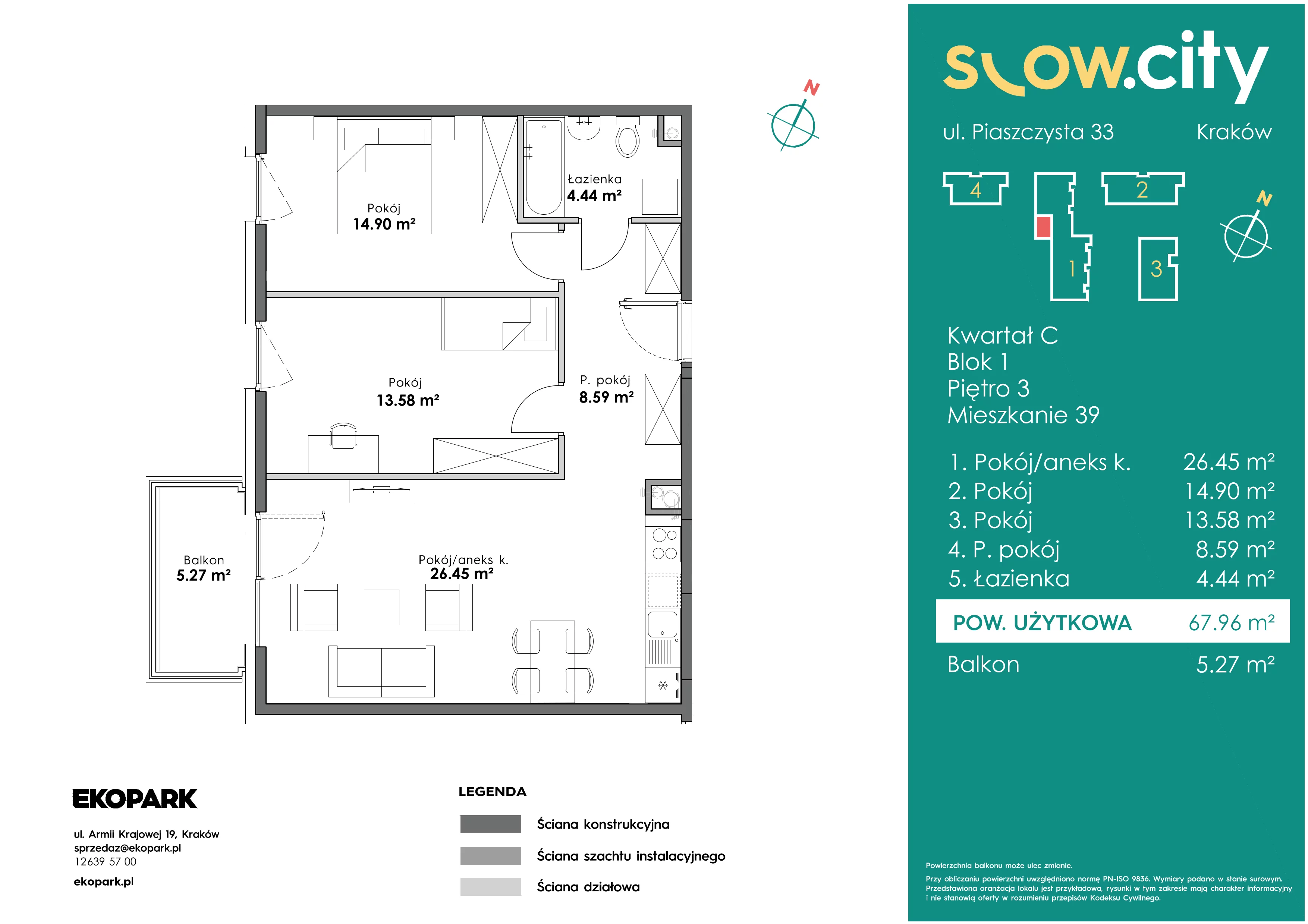 3 pokoje, mieszkanie 67,96 m², piętro 3, oferta nr C1-39, Slow City, Kraków, Prądnik Biały, ul. Piaszczysta