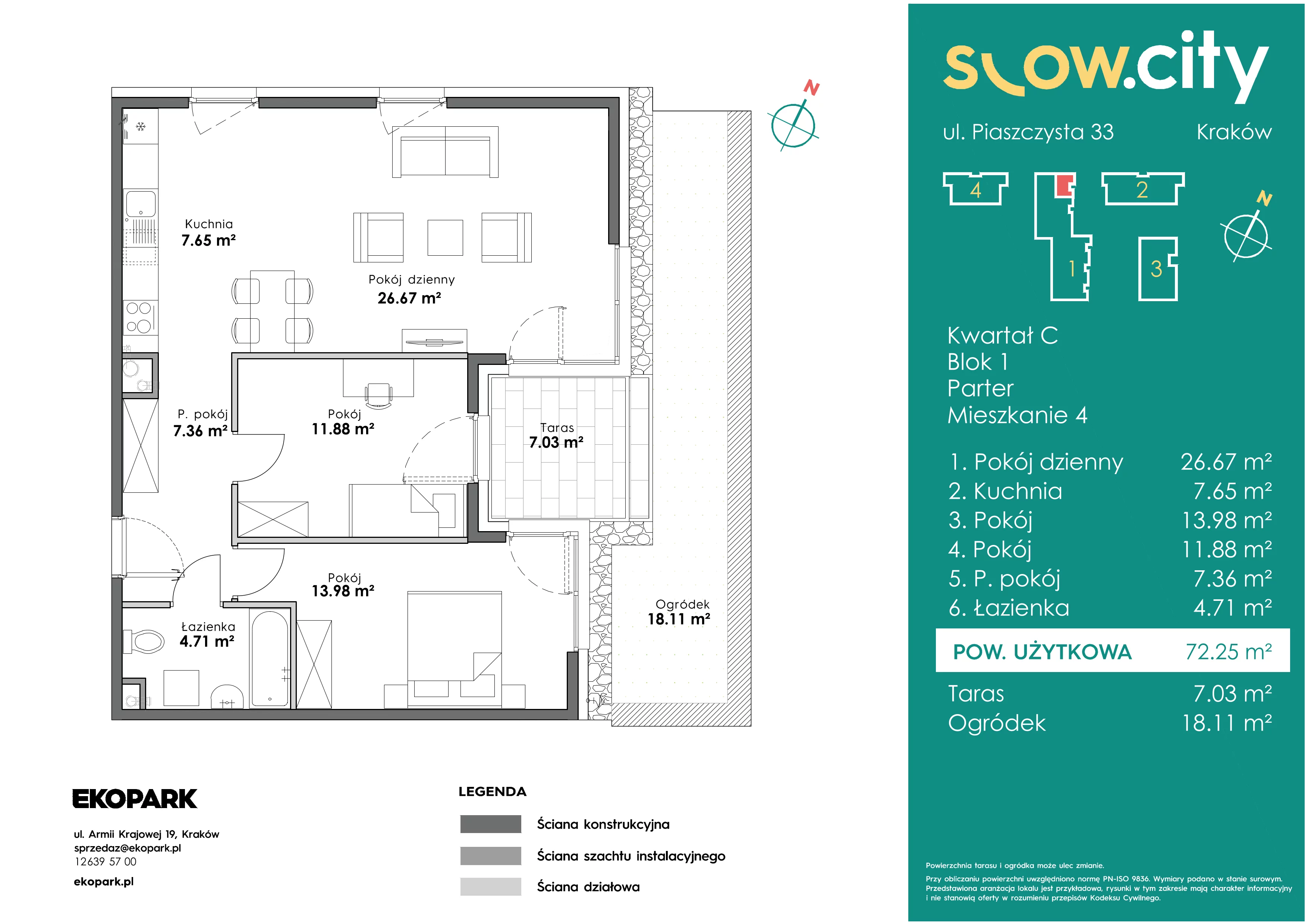 3 pokoje, mieszkanie 72,25 m², parter, oferta nr C1-4, Slow City, Kraków, Prądnik Biały, ul. Piaszczysta