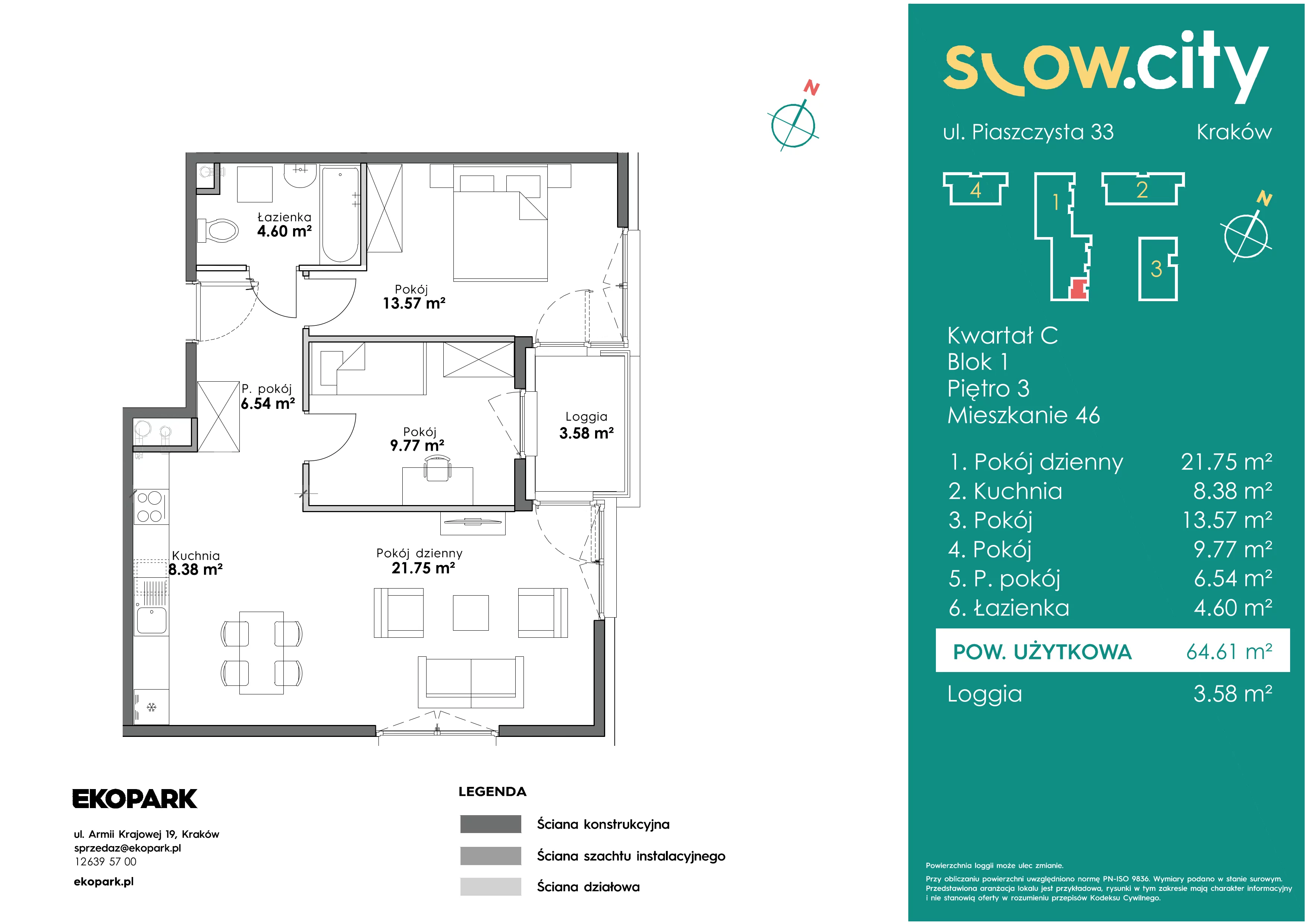 3 pokoje, mieszkanie 64,61 m², piętro 3, oferta nr C1-46, Slow City, Kraków, Prądnik Biały, ul. Piaszczysta