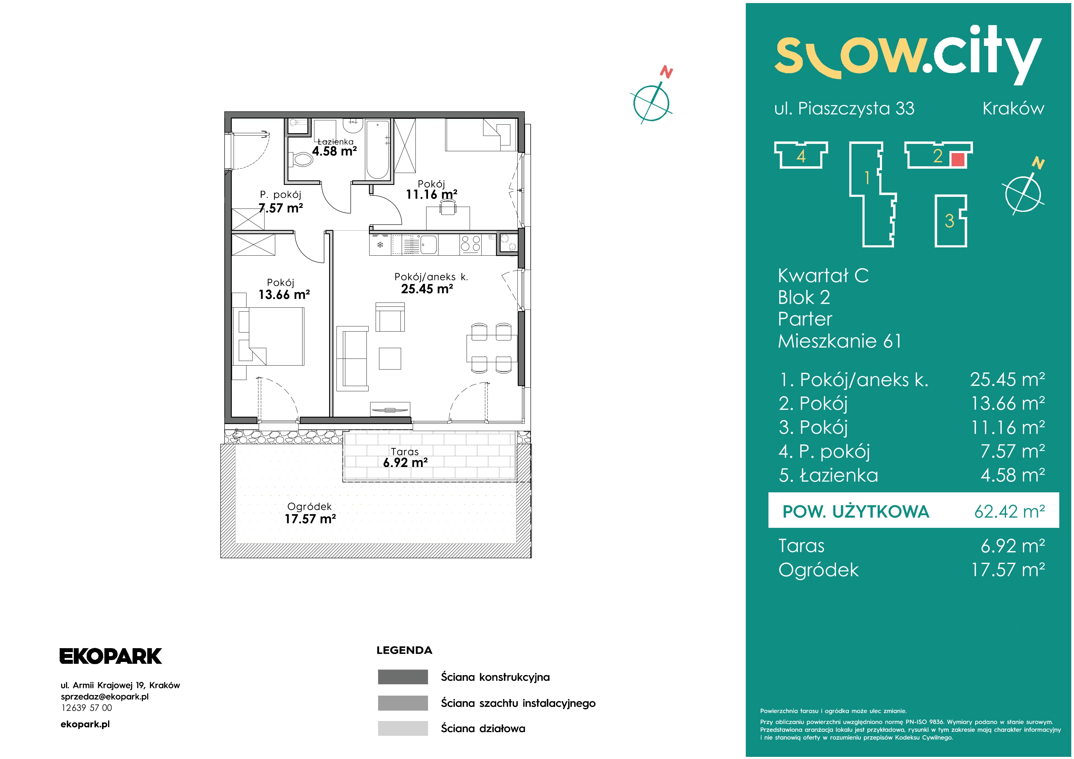 3 pokoje, mieszkanie 62,42 m², parter, oferta nr C2-61, Slow City, Kraków, Prądnik Biały, ul. Piaszczysta