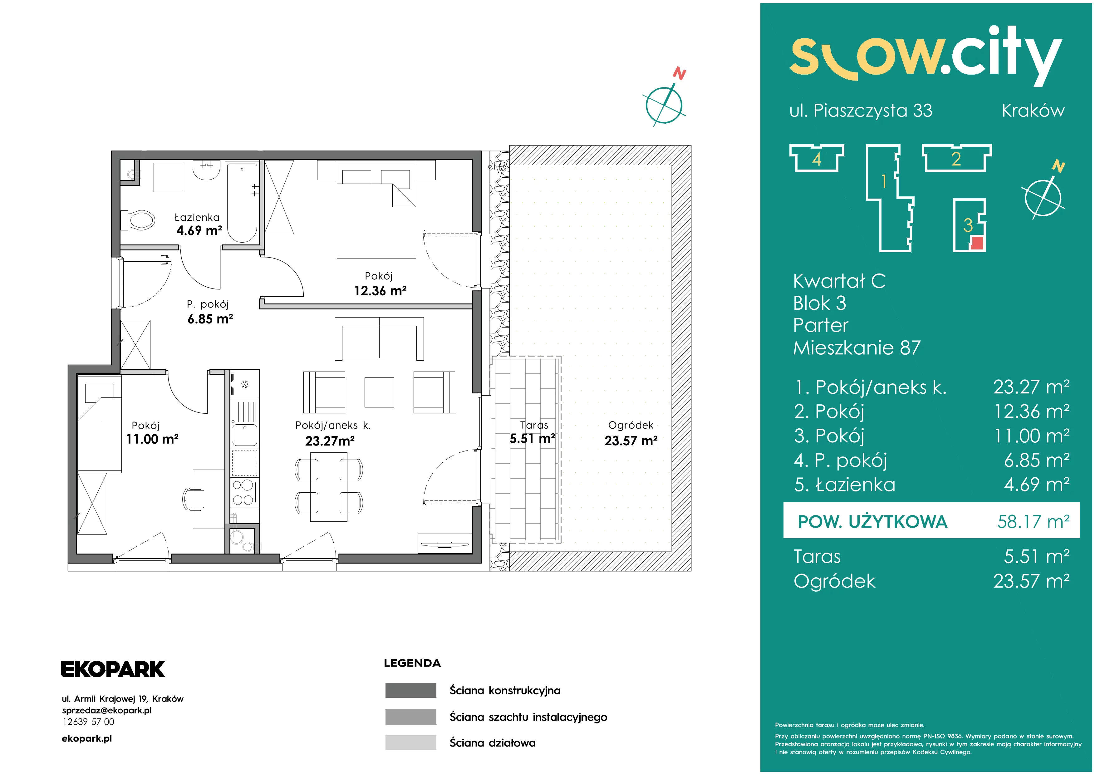 3 pokoje, mieszkanie 58,17 m², parter, oferta nr C3-87, Slow City, Kraków, Prądnik Biały, ul. Piaszczysta