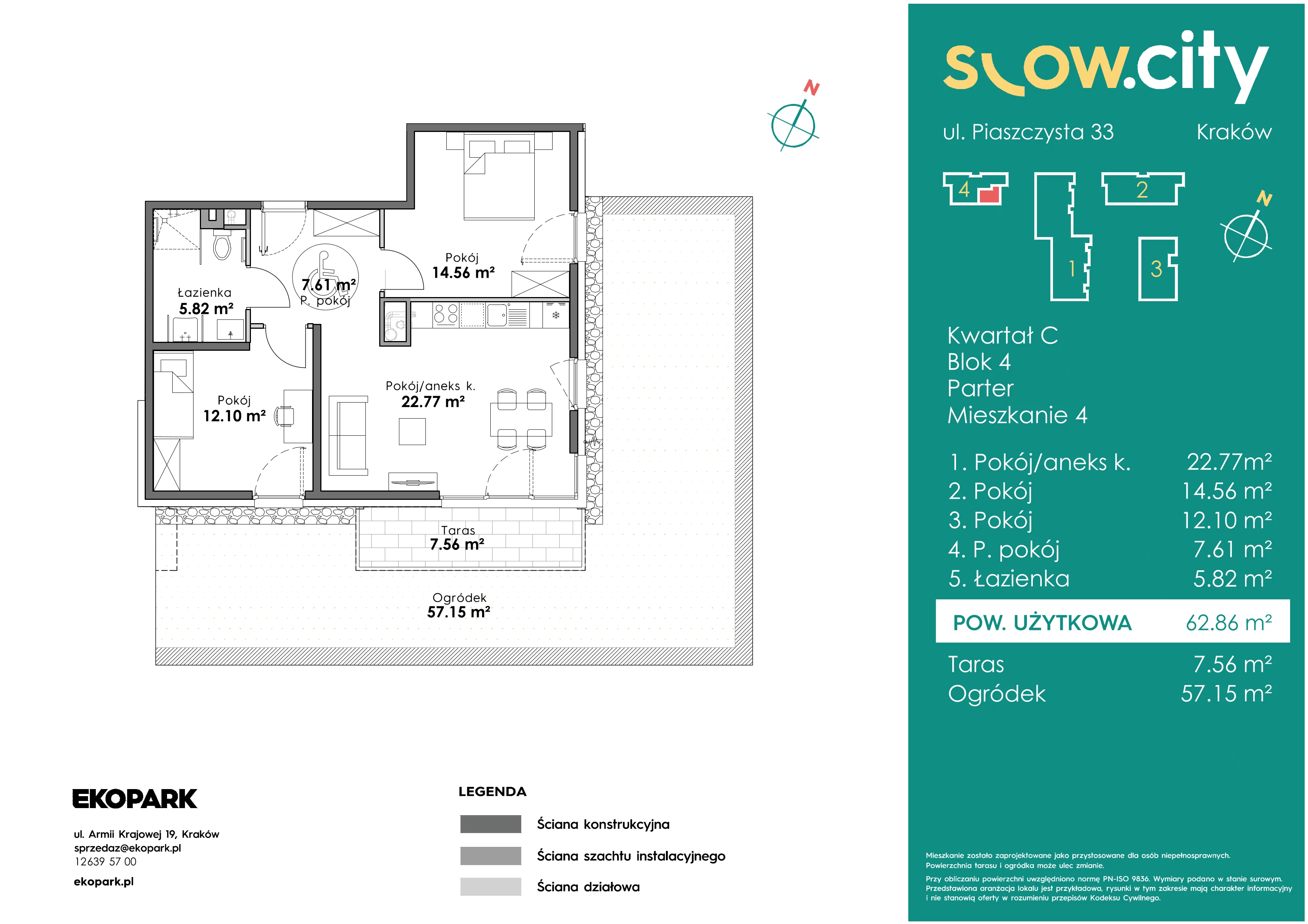 3 pokoje, mieszkanie 62,86 m², parter, oferta nr C4-4, Slow City, Kraków, Prądnik Biały, ul. Piaszczysta