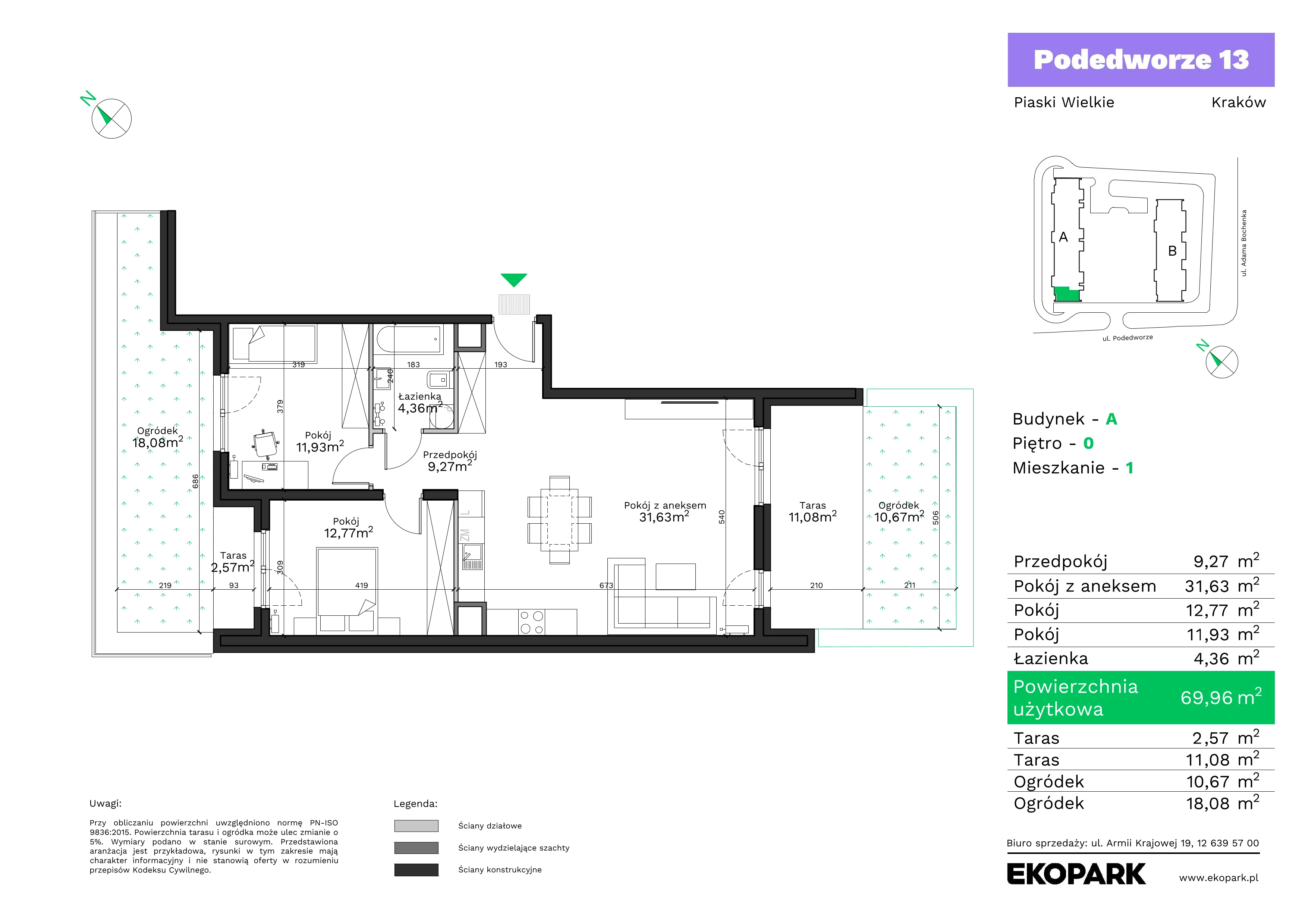 3 pokoje, mieszkanie 69,96 m², parter, oferta nr A1, Podedworze 13, Kraków, Podgórze Duchackie, Piaski Wielkie, ul. Podedworze 13