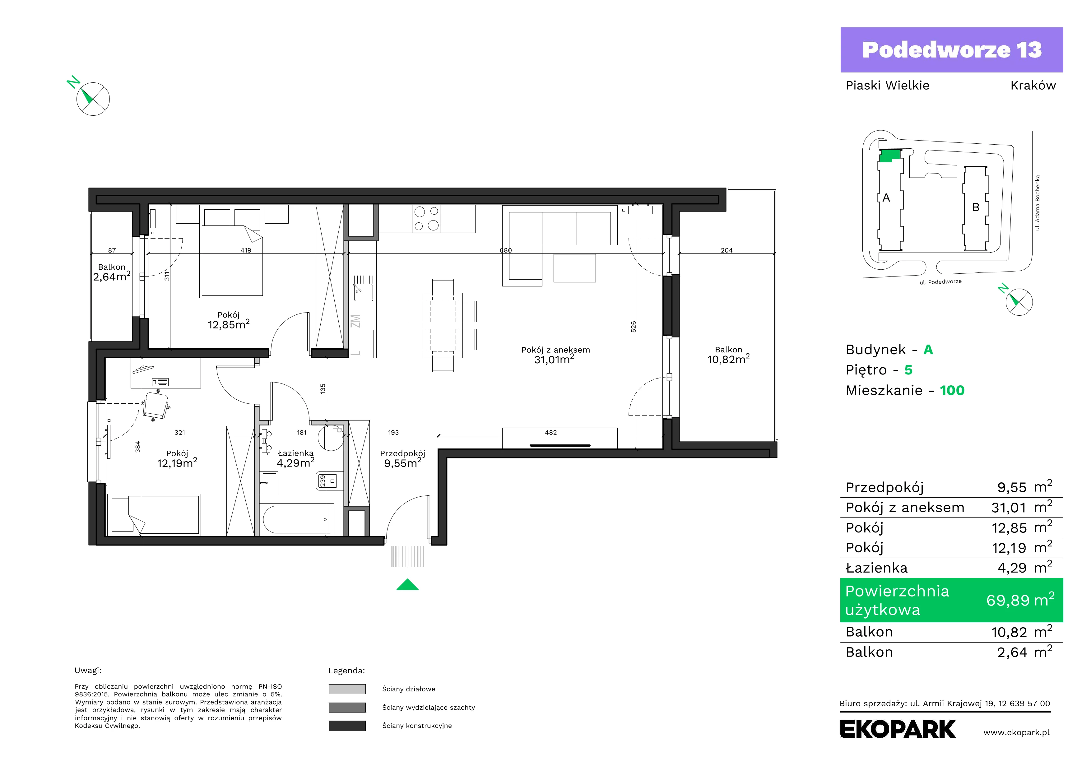 3 pokoje, mieszkanie 69,89 m², piętro 5, oferta nr A100, Podedworze 13, Kraków, Podgórze Duchackie, Piaski Wielkie, ul. Podedworze 13