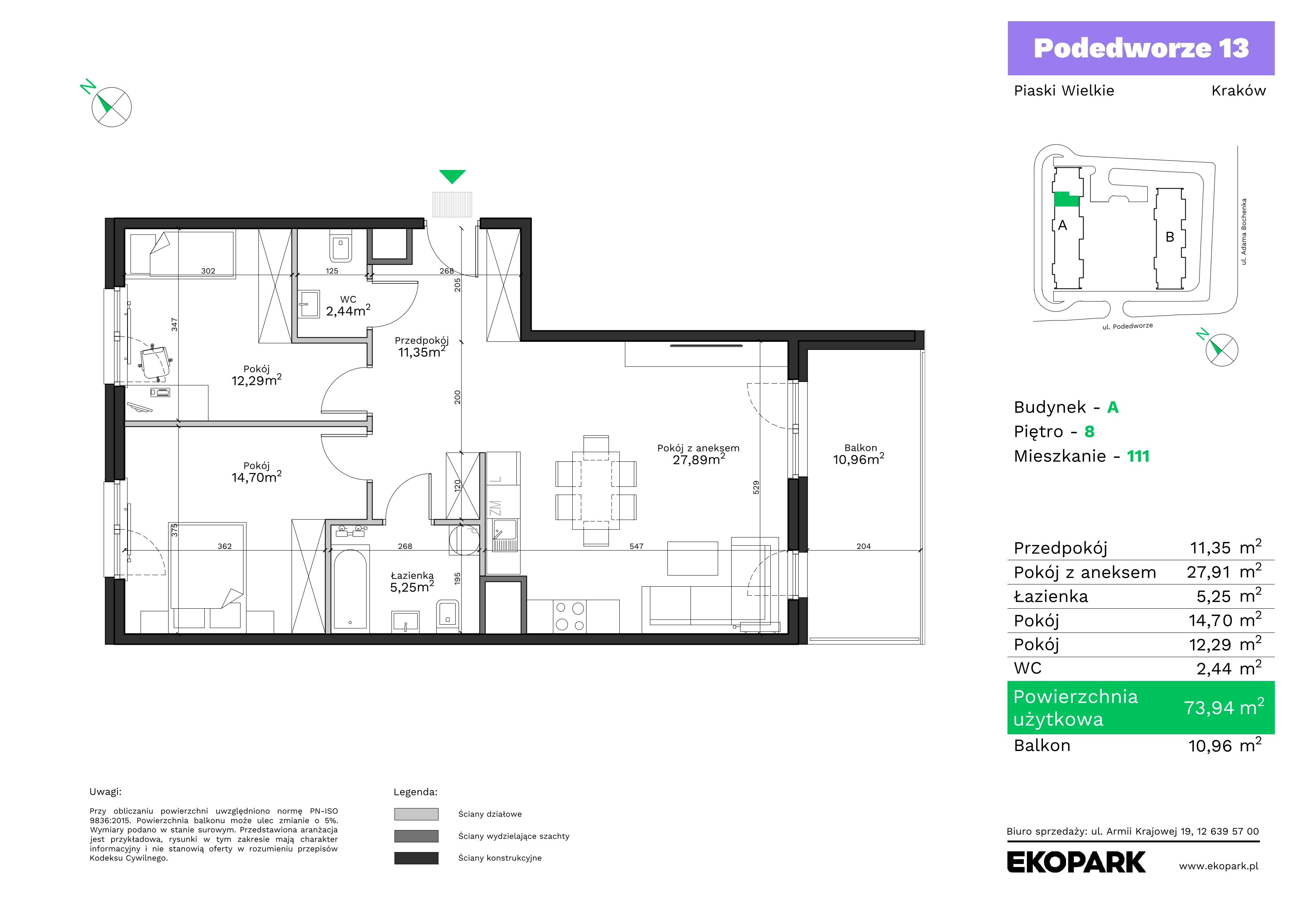 3 pokoje, mieszkanie 73,94 m², piętro 8, oferta nr A111, Podedworze 13, Kraków, Podgórze Duchackie, Piaski Wielkie, ul. Podedworze 13