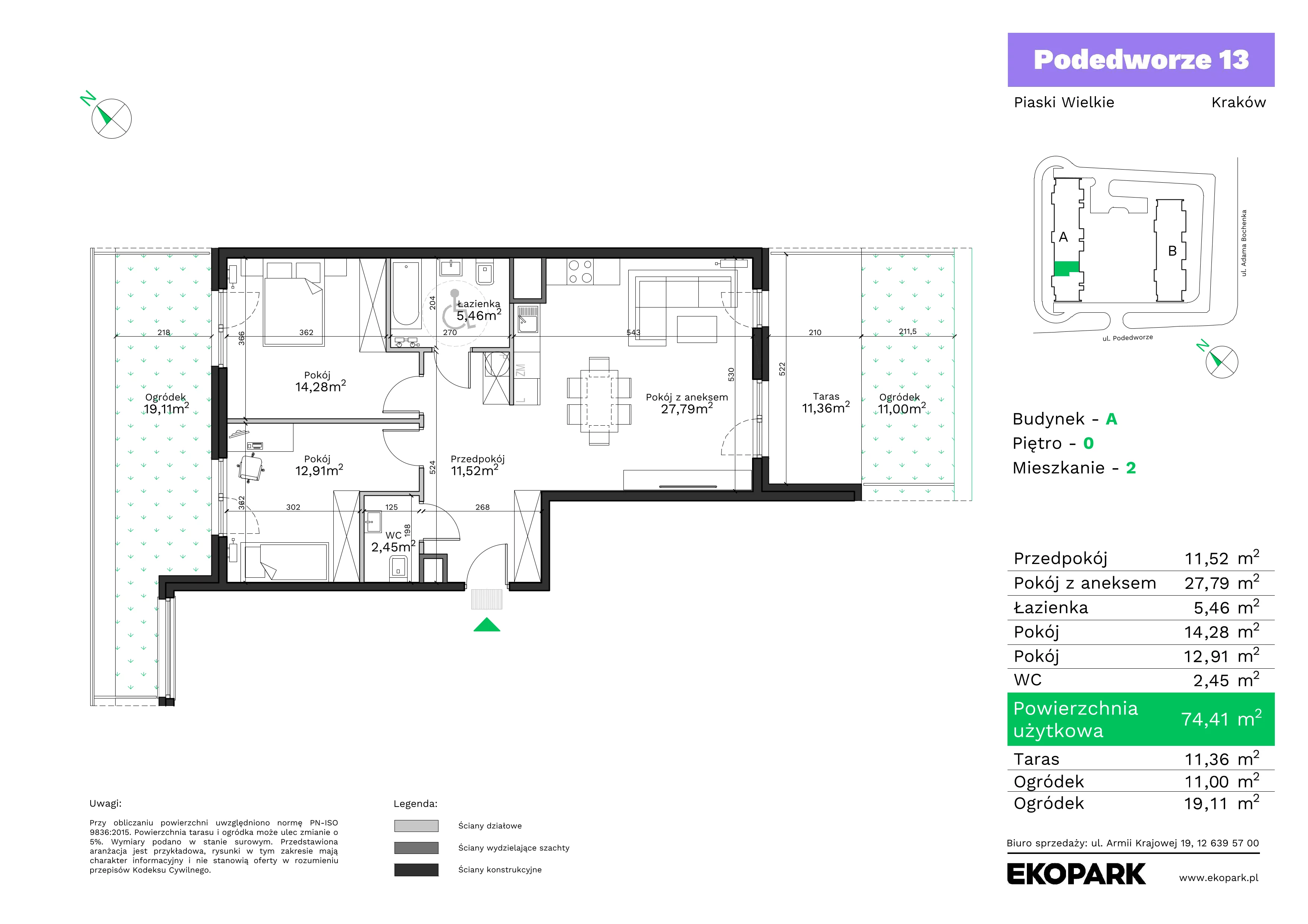 3 pokoje, mieszkanie 74,41 m², parter, oferta nr A2, Podedworze 13, Kraków, Podgórze Duchackie, Piaski Wielkie, ul. Podedworze 13