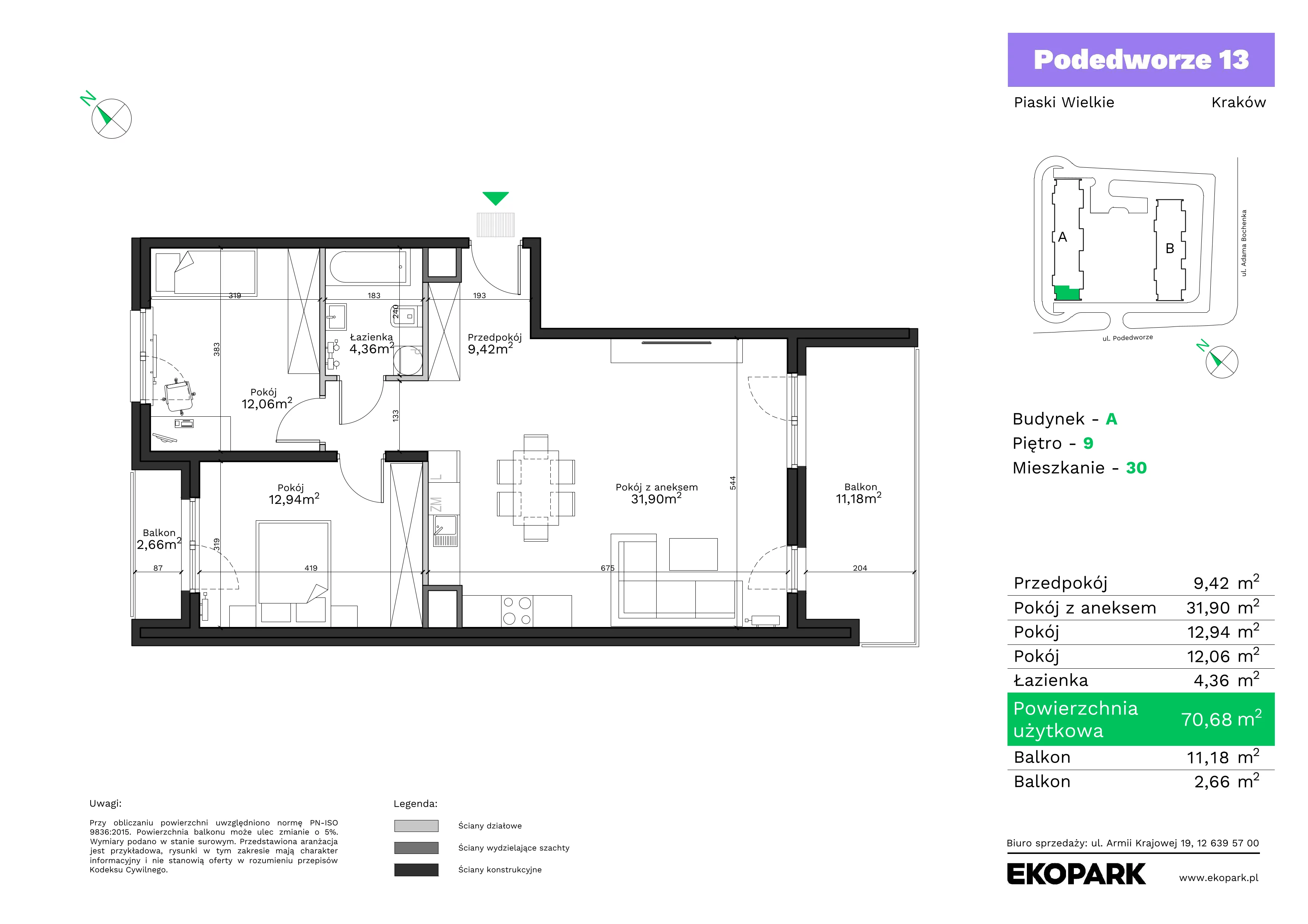 3 pokoje, mieszkanie 70,68 m², piętro 9, oferta nr A30, Podedworze 13, Kraków, Podgórze Duchackie, Piaski Wielkie, ul. Podedworze 13