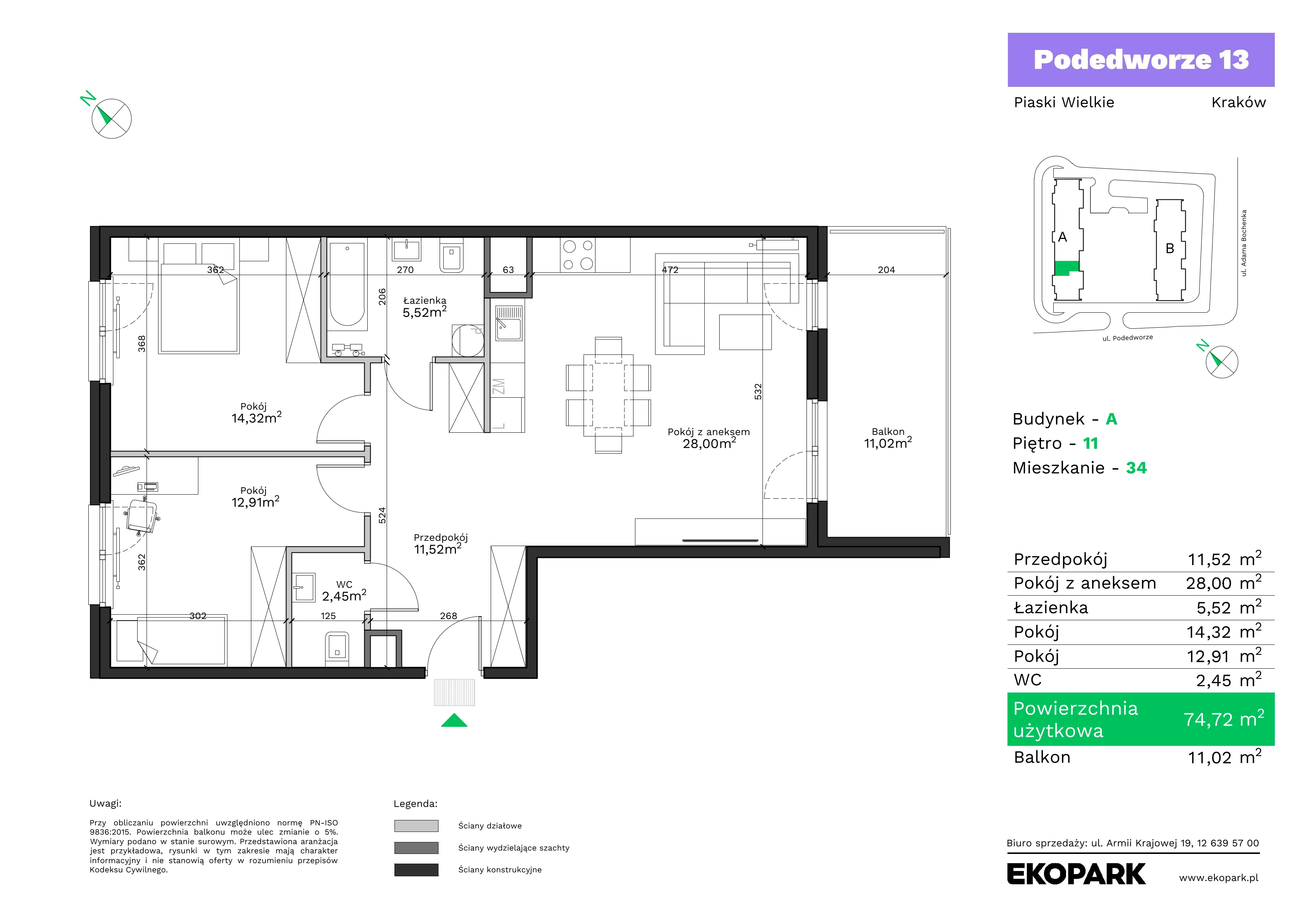3 pokoje, mieszkanie 74,72 m², piętro 11, oferta nr A34, Podedworze 13, Kraków, Podgórze Duchackie, Piaski Wielkie, ul. Podedworze 13