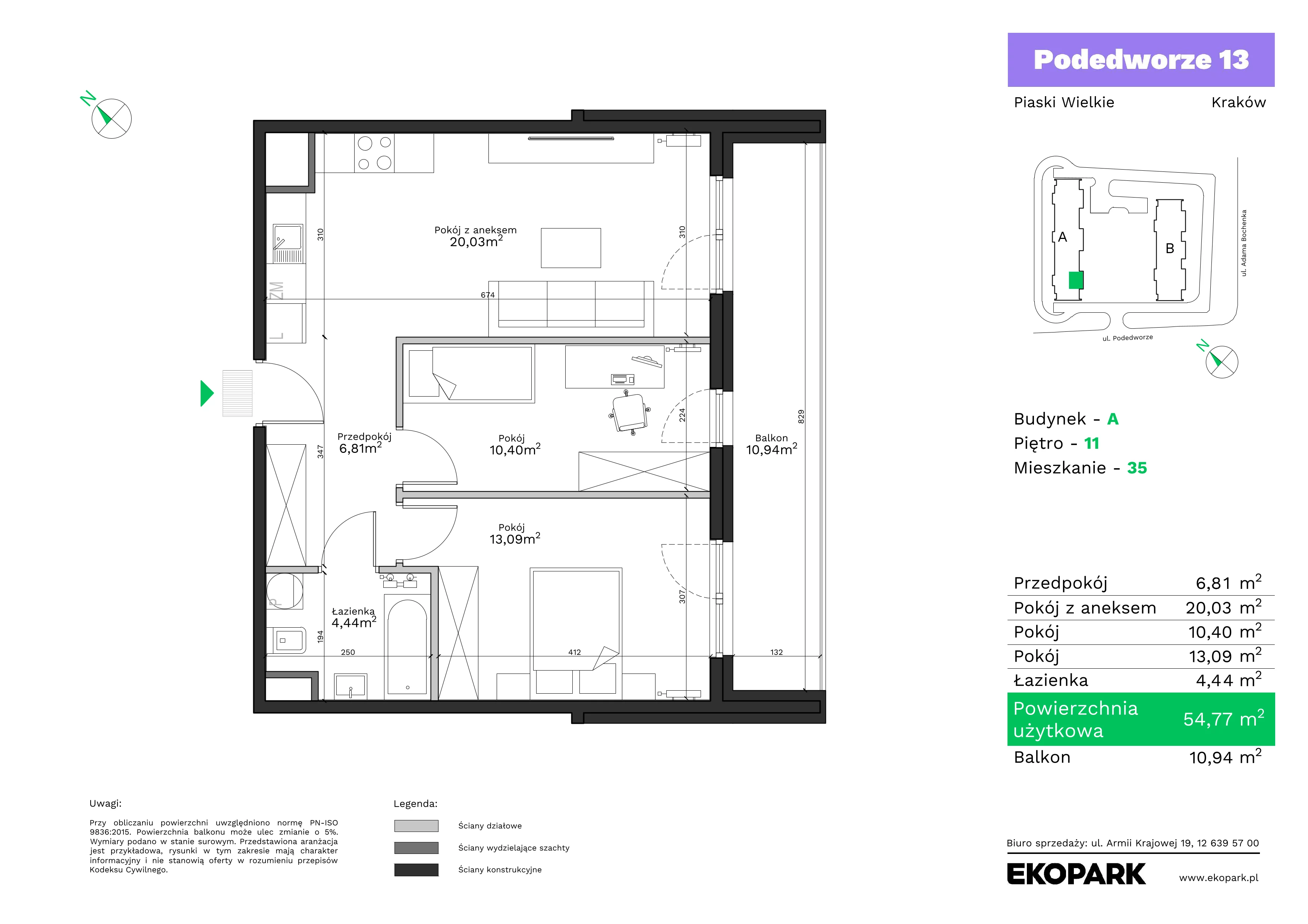 3 pokoje, mieszkanie 54,77 m², piętro 11, oferta nr A35, Podedworze 13, Kraków, Podgórze Duchackie, Piaski Wielkie, ul. Podedworze 13