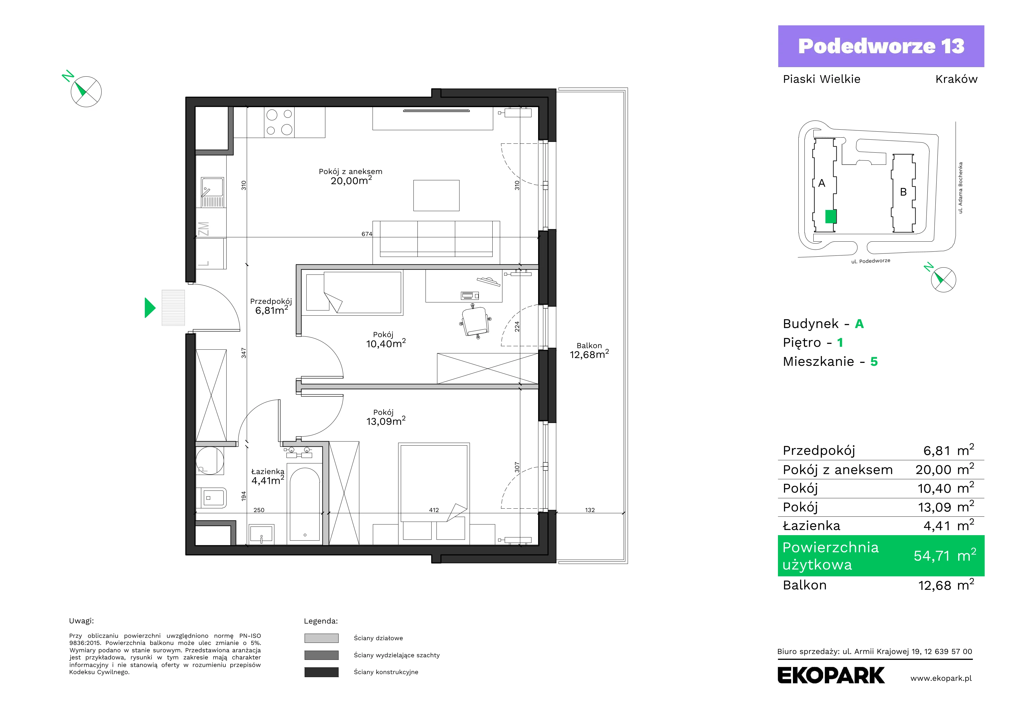 3 pokoje, mieszkanie 54,71 m², piętro 1, oferta nr A5, Podedworze 13, Kraków, Podgórze Duchackie, Piaski Wielkie, ul. Podedworze 13