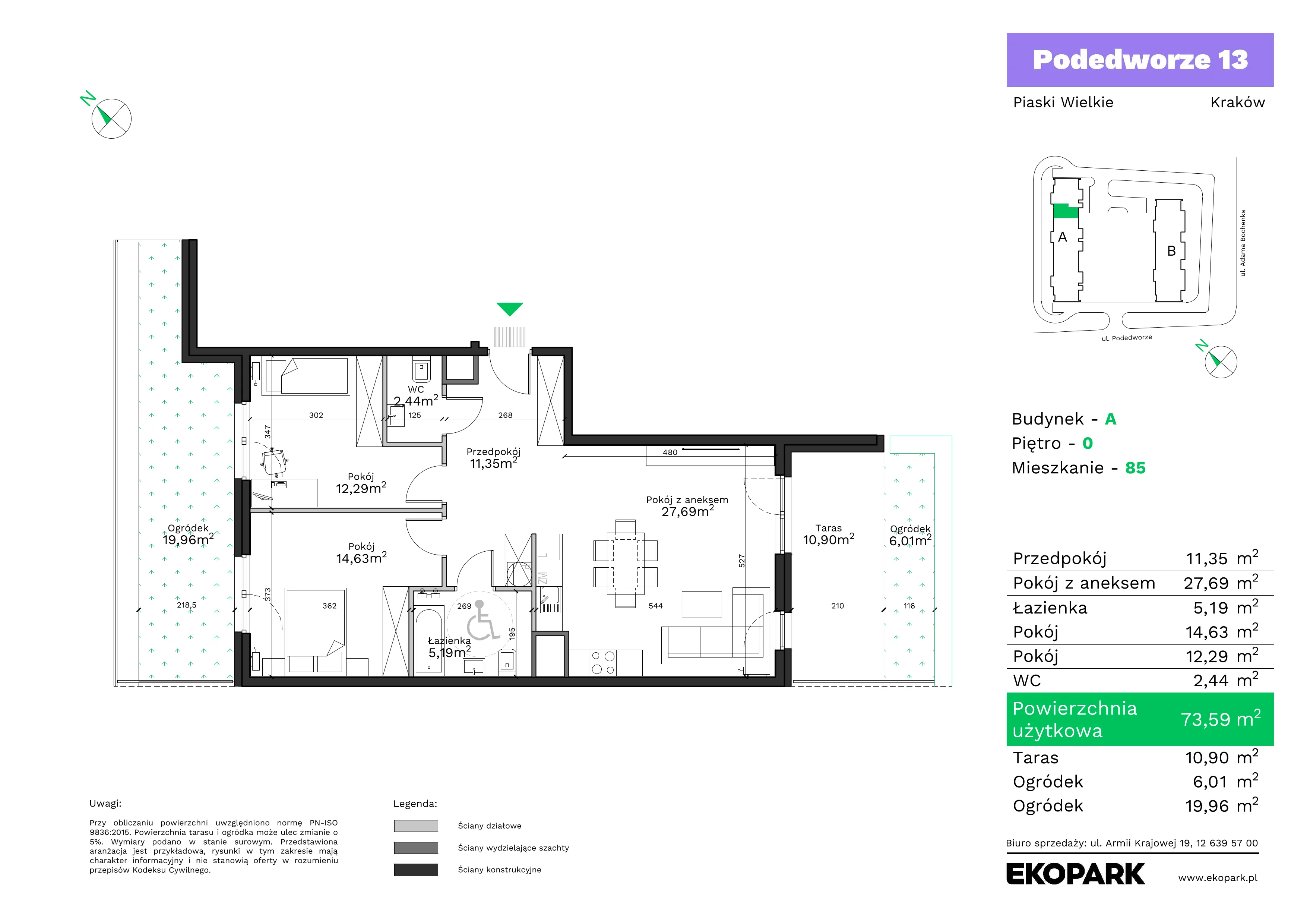 3 pokoje, mieszkanie 73,59 m², parter, oferta nr A85, Podedworze 13, Kraków, Podgórze Duchackie, Piaski Wielkie, ul. Podedworze 13