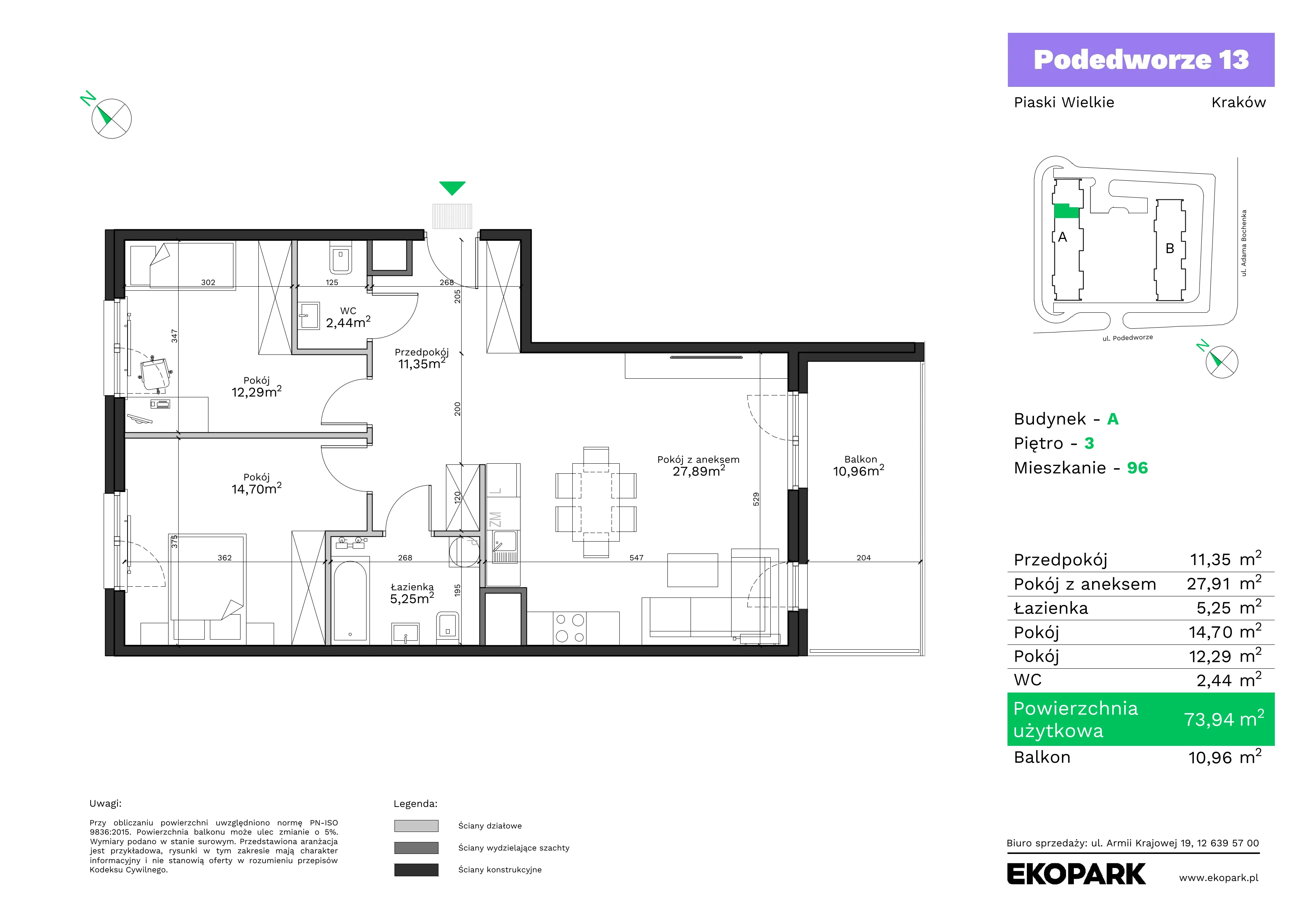 3 pokoje, mieszkanie 73,94 m², piętro 3, oferta nr A96, Podedworze 13, Kraków, Podgórze Duchackie, Piaski Wielkie, ul. Podedworze 13