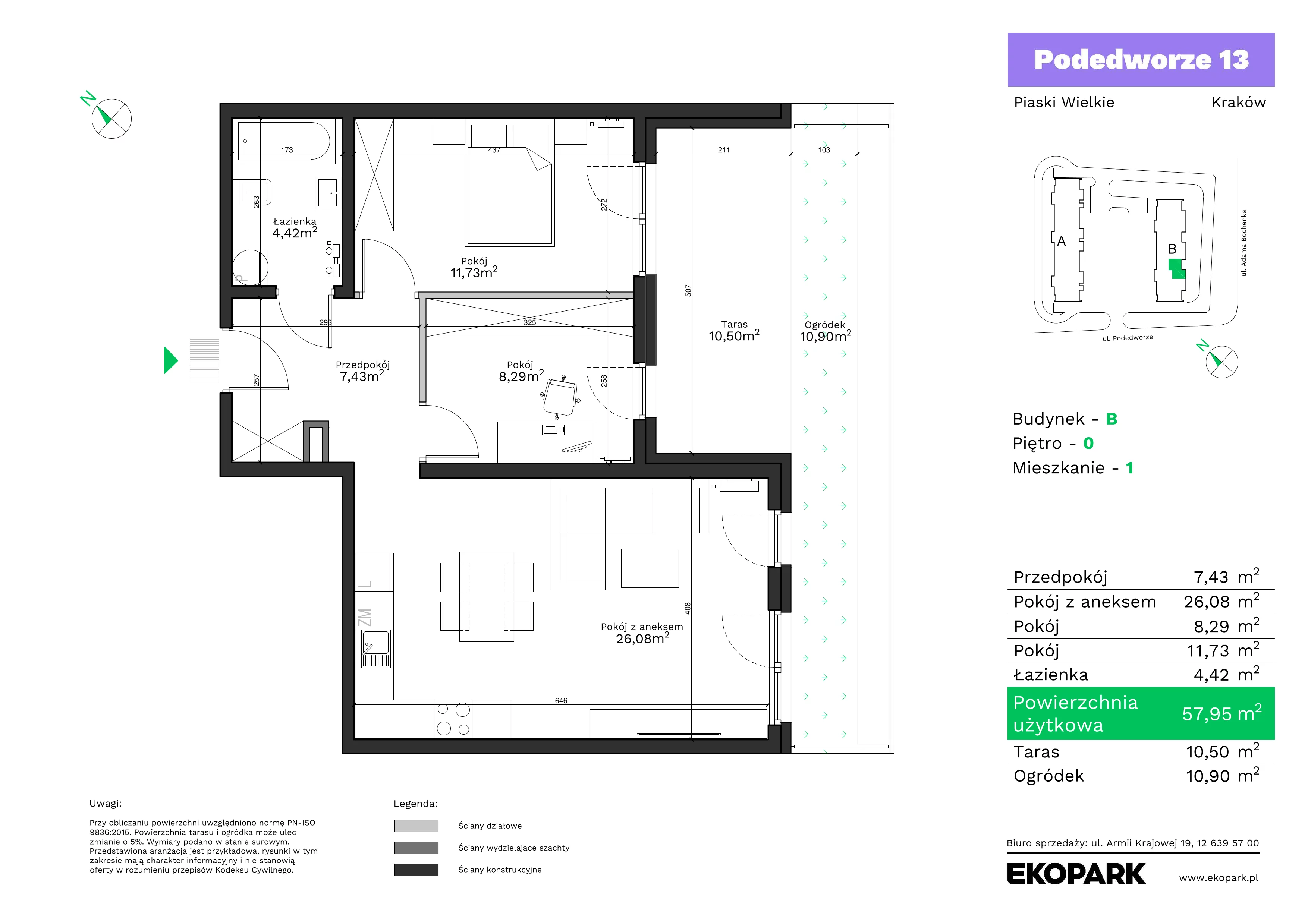 3 pokoje, mieszkanie 57,95 m², parter, oferta nr B1, Podedworze 13, Kraków, Podgórze Duchackie, Piaski Wielkie, ul. Podedworze 13