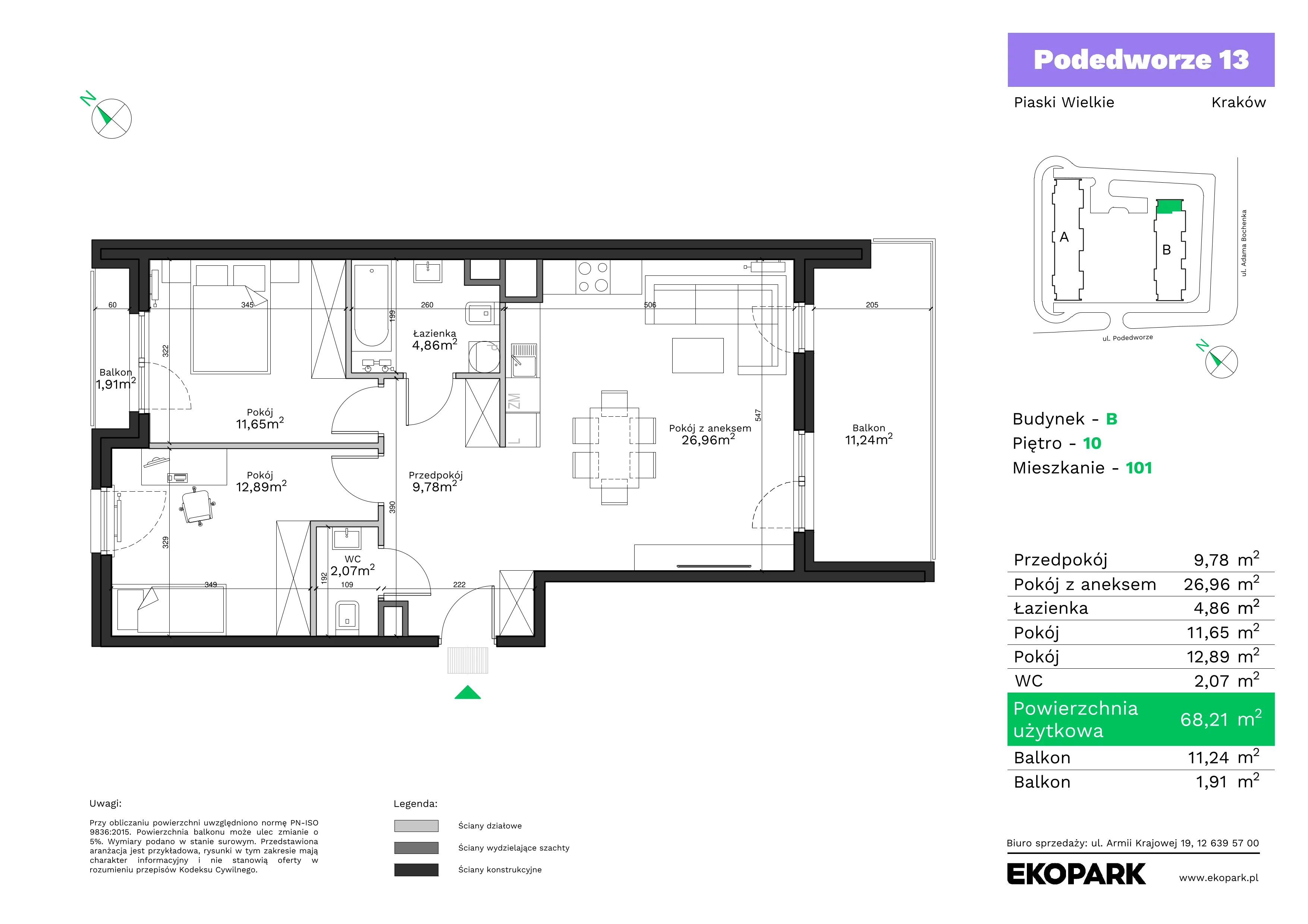 3 pokoje, mieszkanie 68,21 m², piętro 10, oferta nr B101, Podedworze 13, Kraków, Podgórze Duchackie, Piaski Wielkie, ul. Podedworze 13
