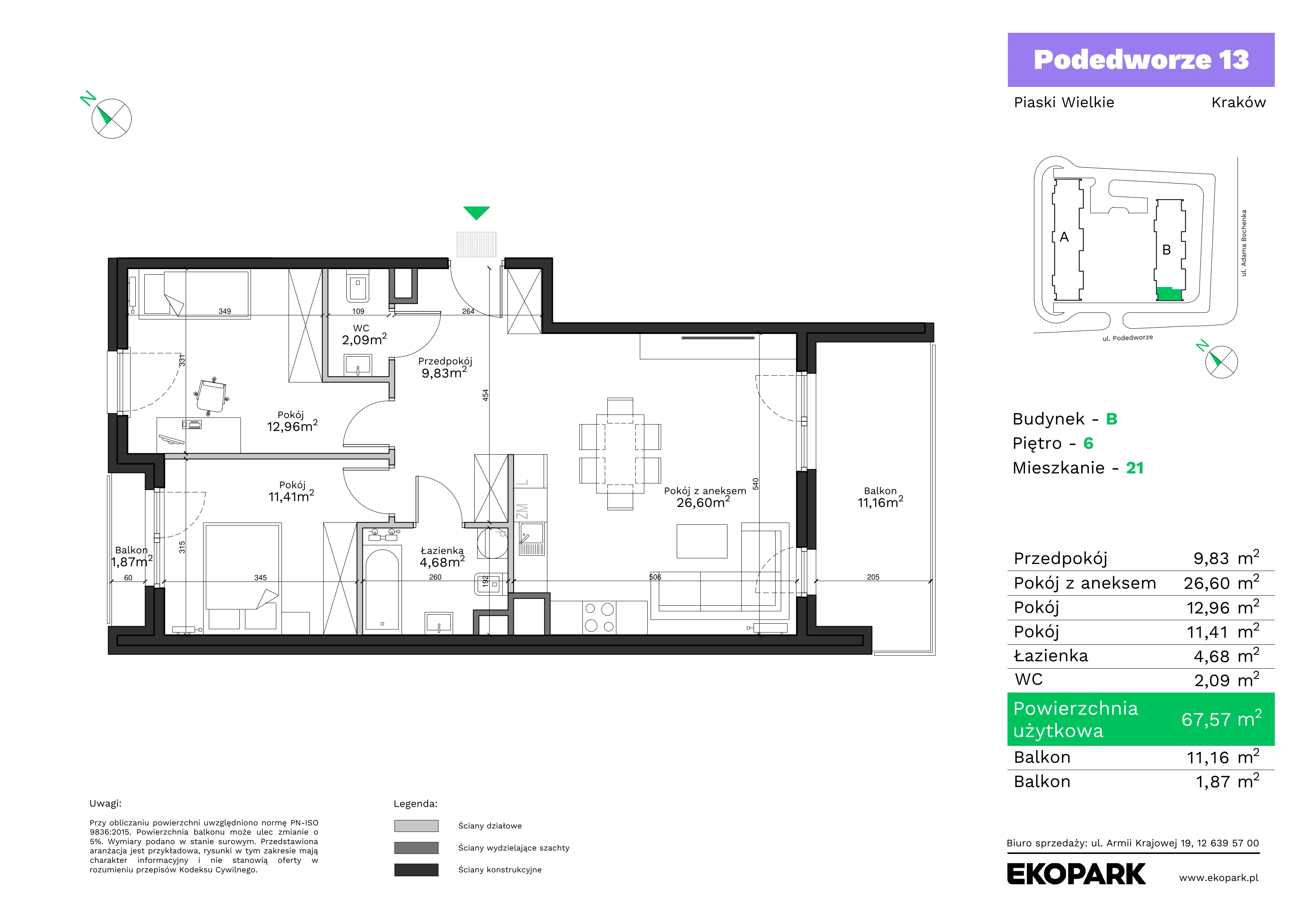 3 pokoje, mieszkanie 67,57 m², piętro 6, oferta nr B21, Podedworze 13, Kraków, Podgórze Duchackie, Piaski Wielkie, ul. Podedworze 13