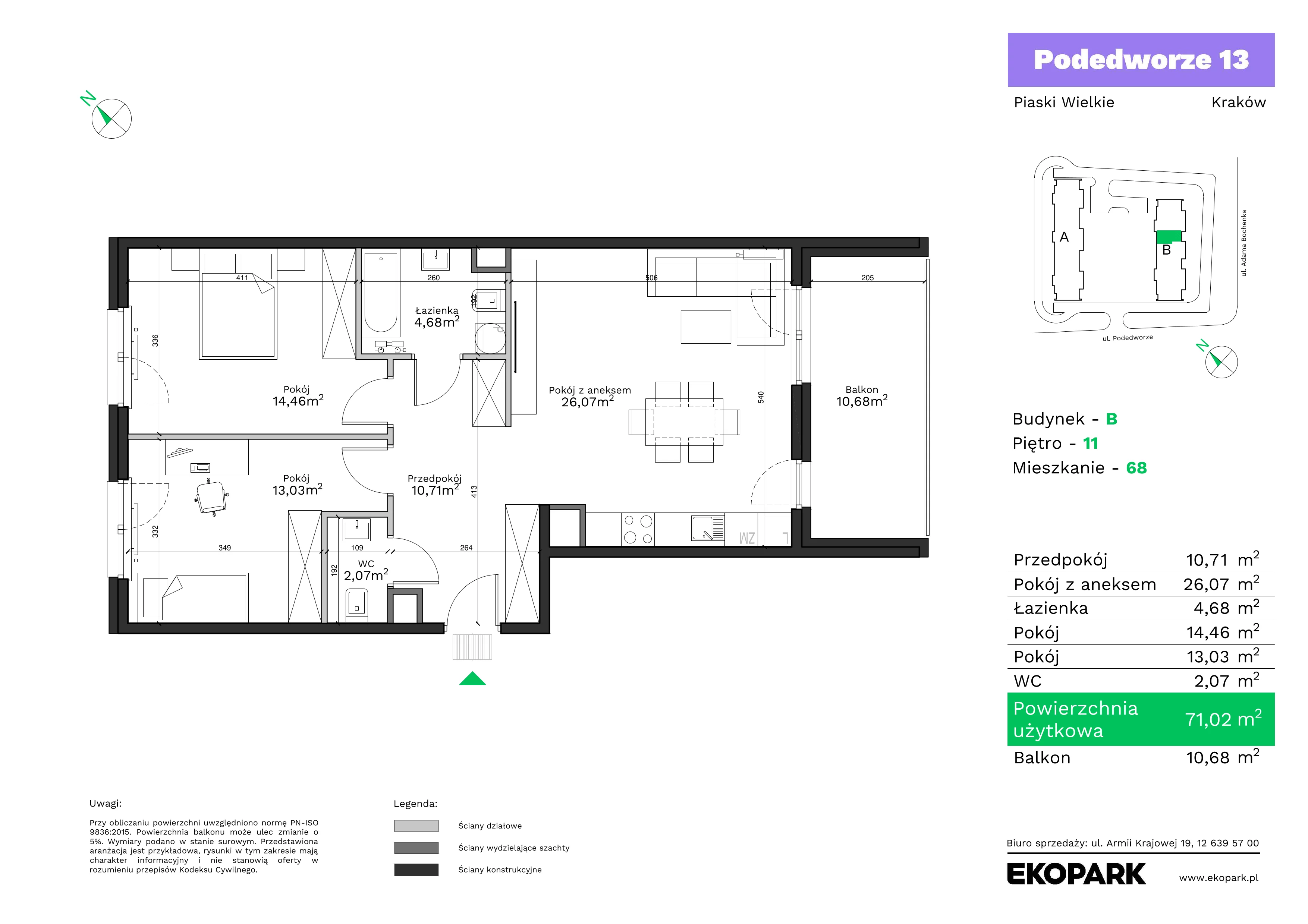 3 pokoje, mieszkanie 71,02 m², piętro 11, oferta nr B68, Podedworze 13, Kraków, Podgórze Duchackie, Piaski Wielkie, ul. Podedworze 13