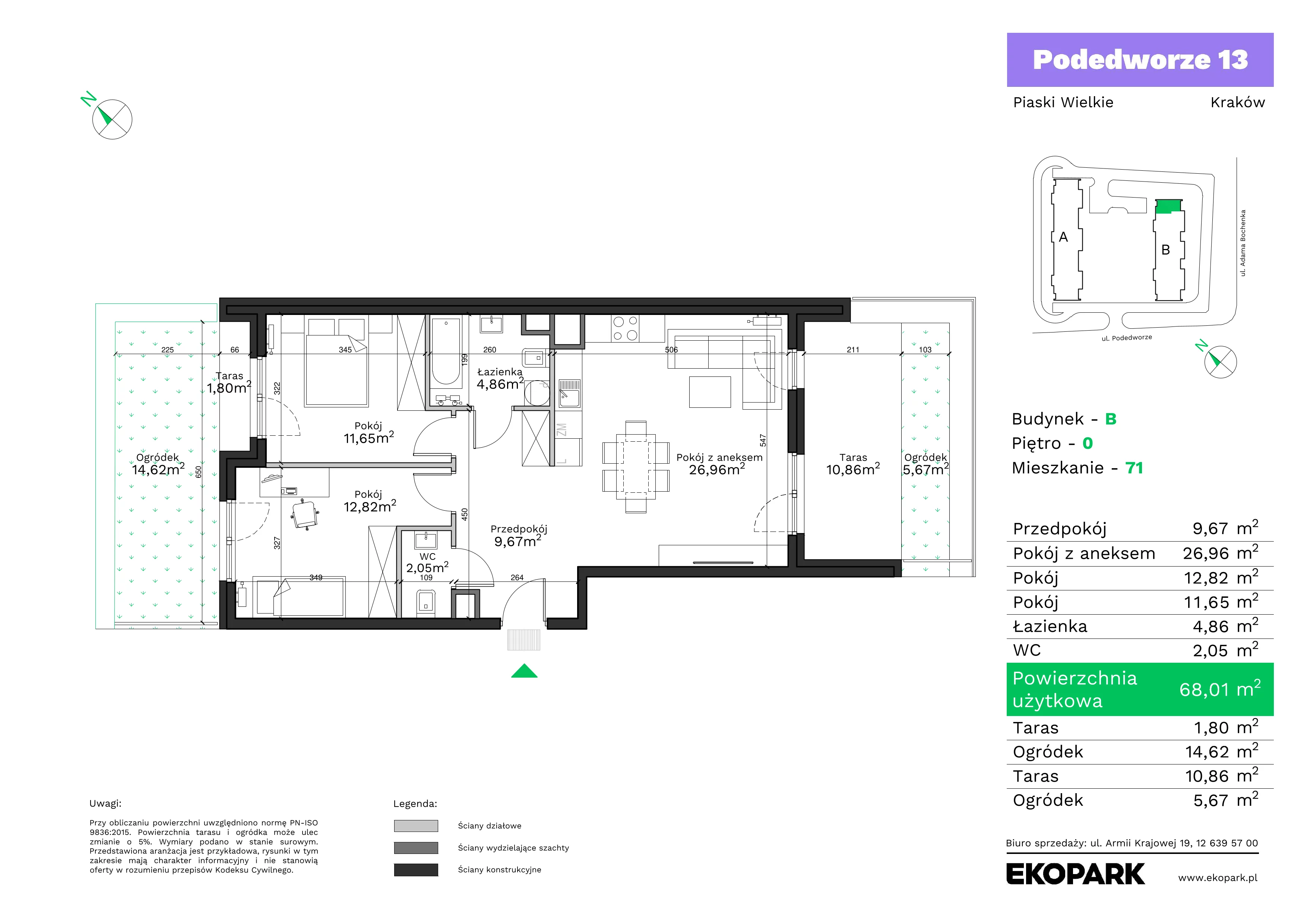 3 pokoje, mieszkanie 68,01 m², parter, oferta nr B71, Podedworze 13, Kraków, Podgórze Duchackie, Piaski Wielkie, ul. Podedworze 13