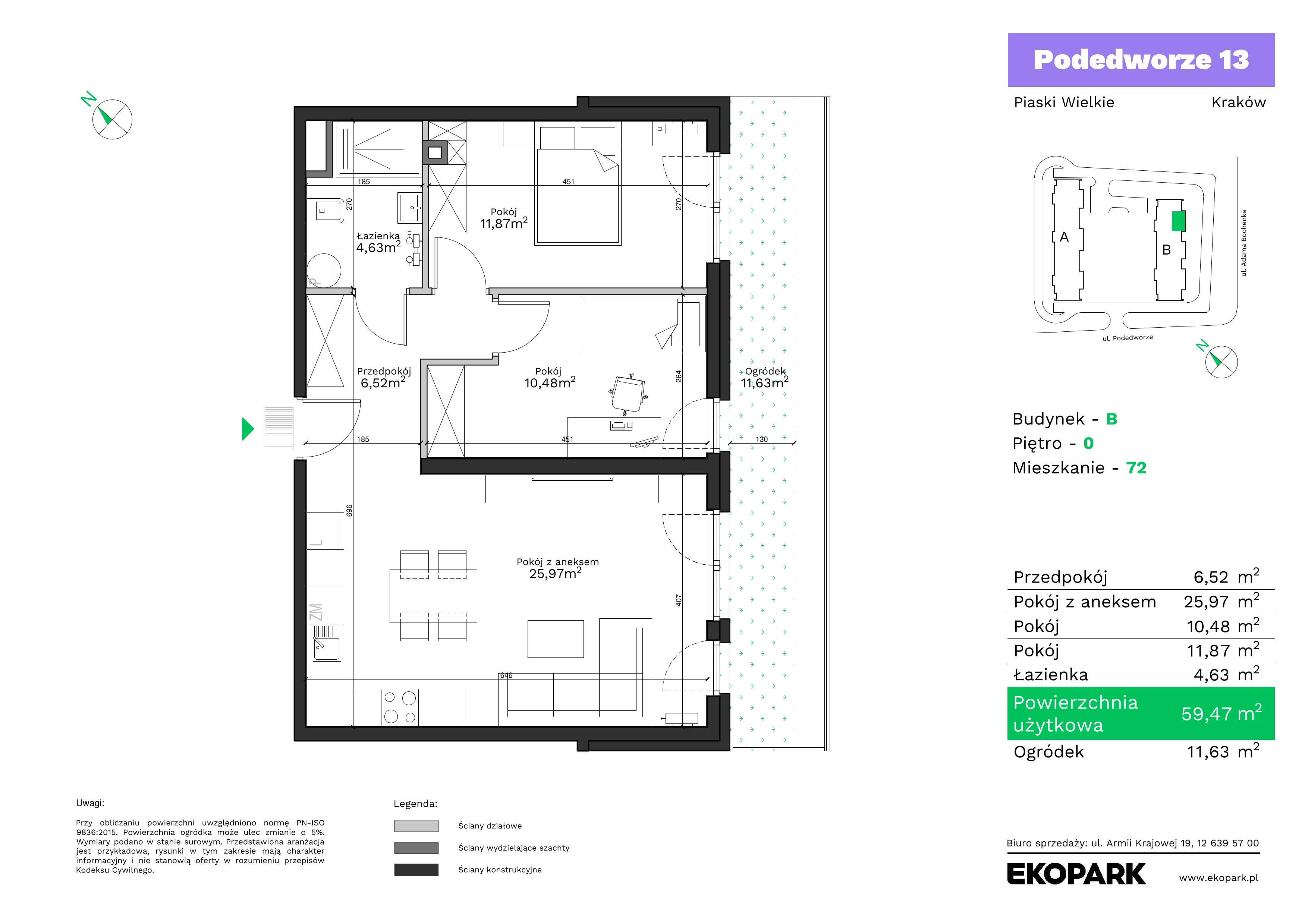3 pokoje, mieszkanie 59,47 m², parter, oferta nr B72, Podedworze 13, Kraków, Podgórze Duchackie, Piaski Wielkie, ul. Podedworze 13