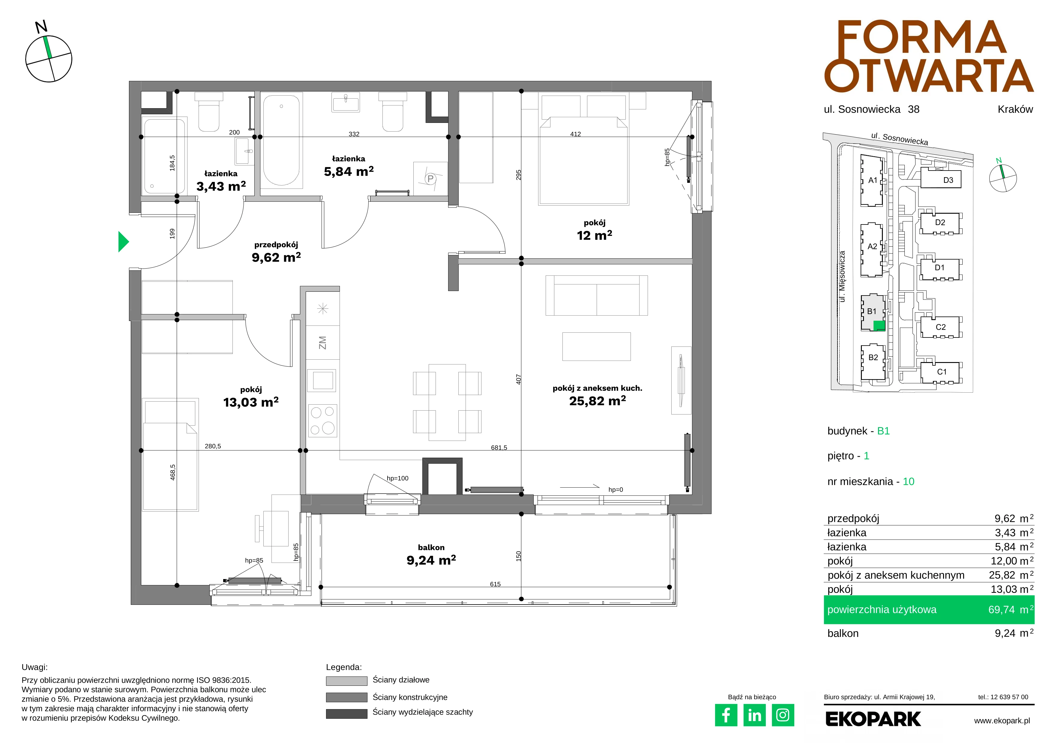 3 pokoje, mieszkanie 69,74 m², piętro 1, oferta nr B1-10, Forma Otwarta - Etap B, Kraków, Bronowice, Bronowice Wielkie, ul. Sosnowiecka
