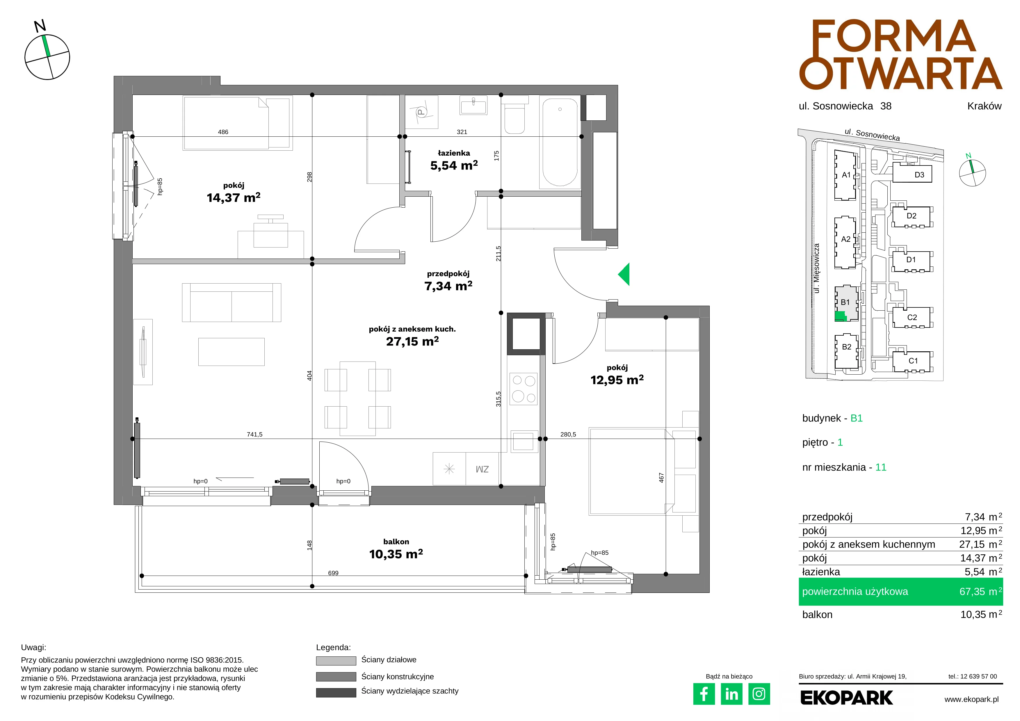 3 pokoje, mieszkanie 67,35 m², piętro 1, oferta nr B1-11, Forma Otwarta - Etap B, Kraków, Bronowice, Bronowice Wielkie, ul. Sosnowiecka