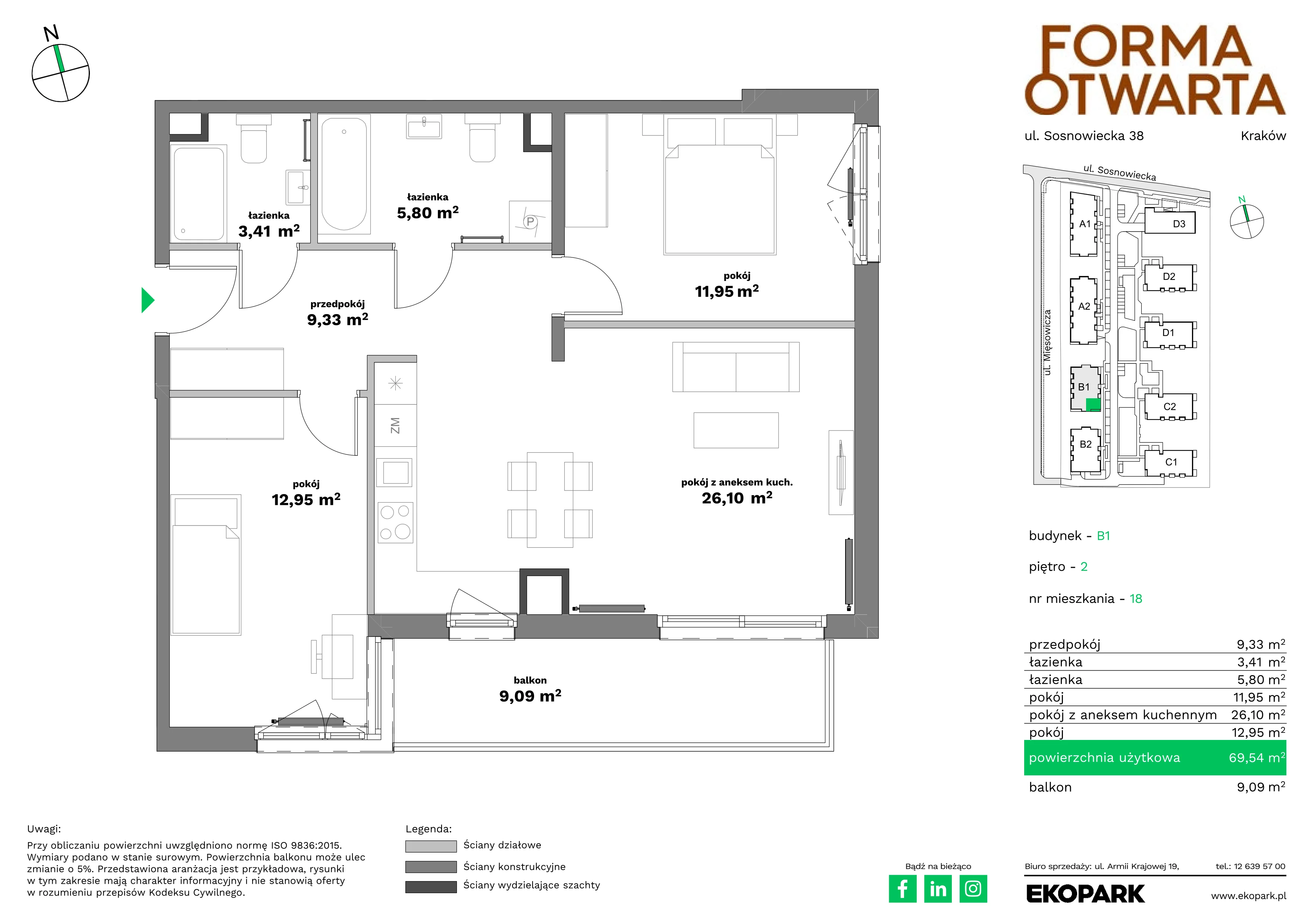 3 pokoje, mieszkanie 69,54 m², piętro 2, oferta nr B1-18, Forma Otwarta - Etap B, Kraków, Bronowice, Bronowice Wielkie, ul. Sosnowiecka