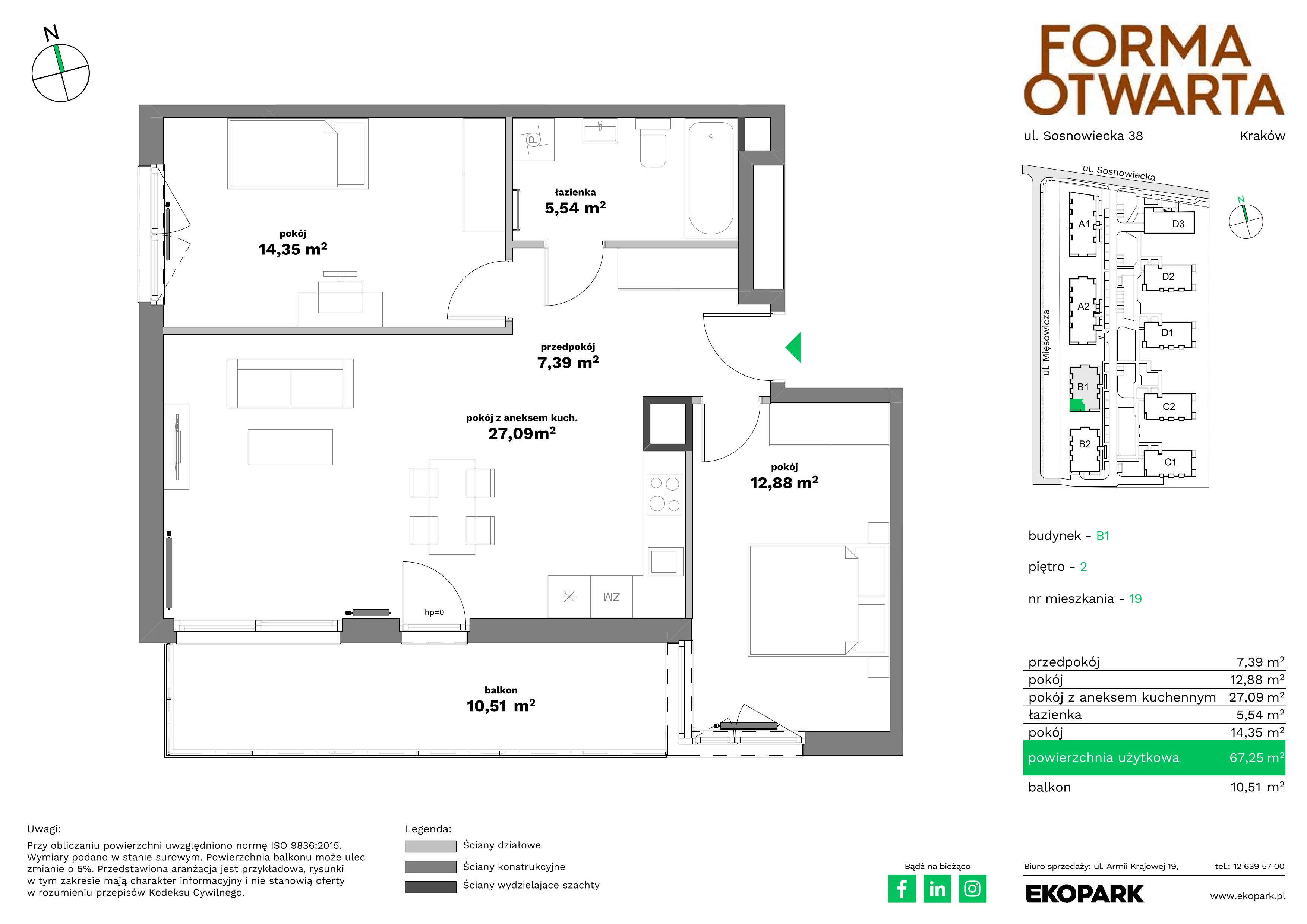 3 pokoje, mieszkanie 67,25 m², piętro 2, oferta nr B1-19, Forma Otwarta - Etap B, Kraków, Bronowice, Bronowice Wielkie, ul. Sosnowiecka