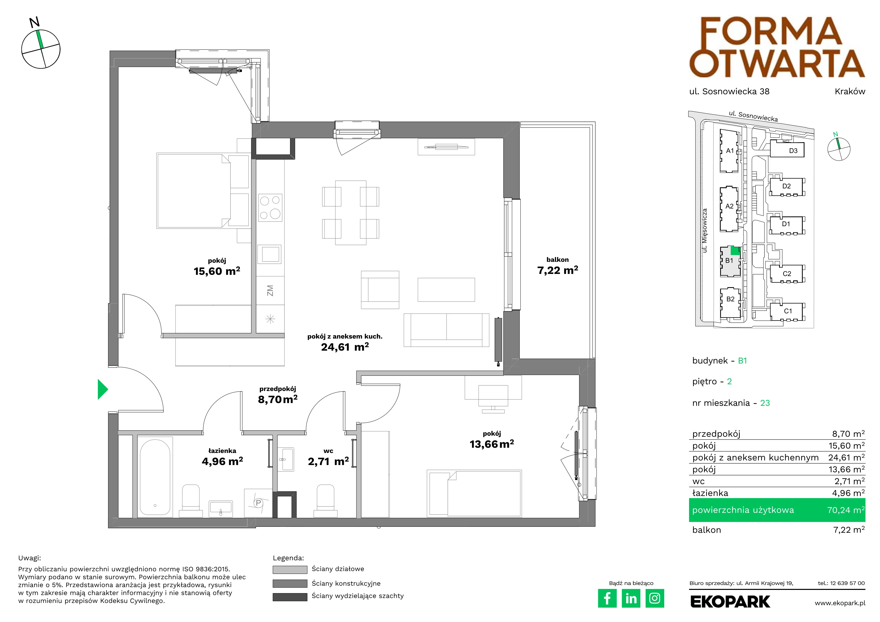 3 pokoje, mieszkanie 70,24 m², piętro 2, oferta nr B1-23, Forma Otwarta - Etap B, Kraków, Bronowice, Bronowice Wielkie, ul. Sosnowiecka