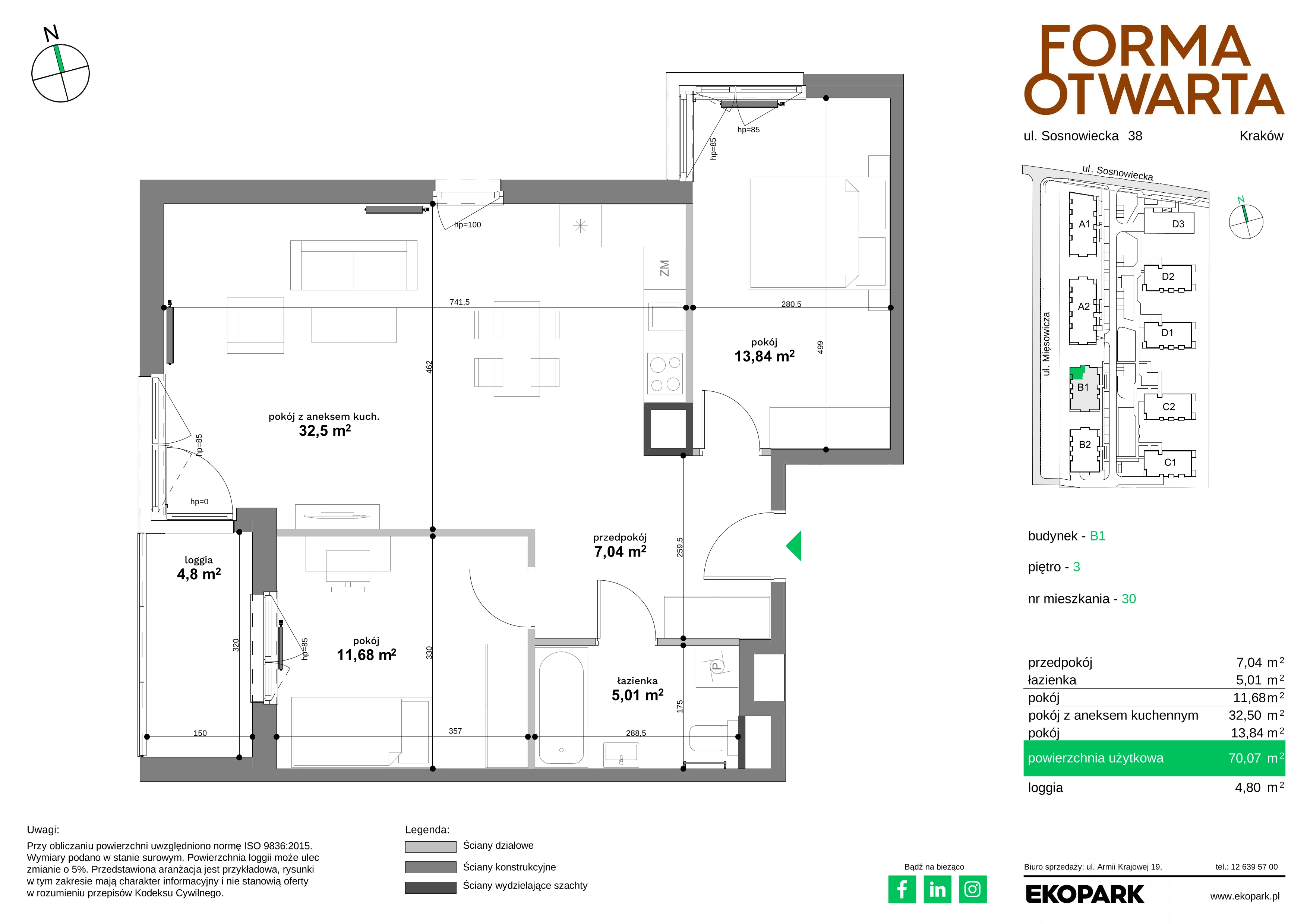 3 pokoje, mieszkanie 70,07 m², piętro 3, oferta nr B1-30, Forma Otwarta - Etap B, Kraków, Bronowice, Bronowice Wielkie, ul. Sosnowiecka