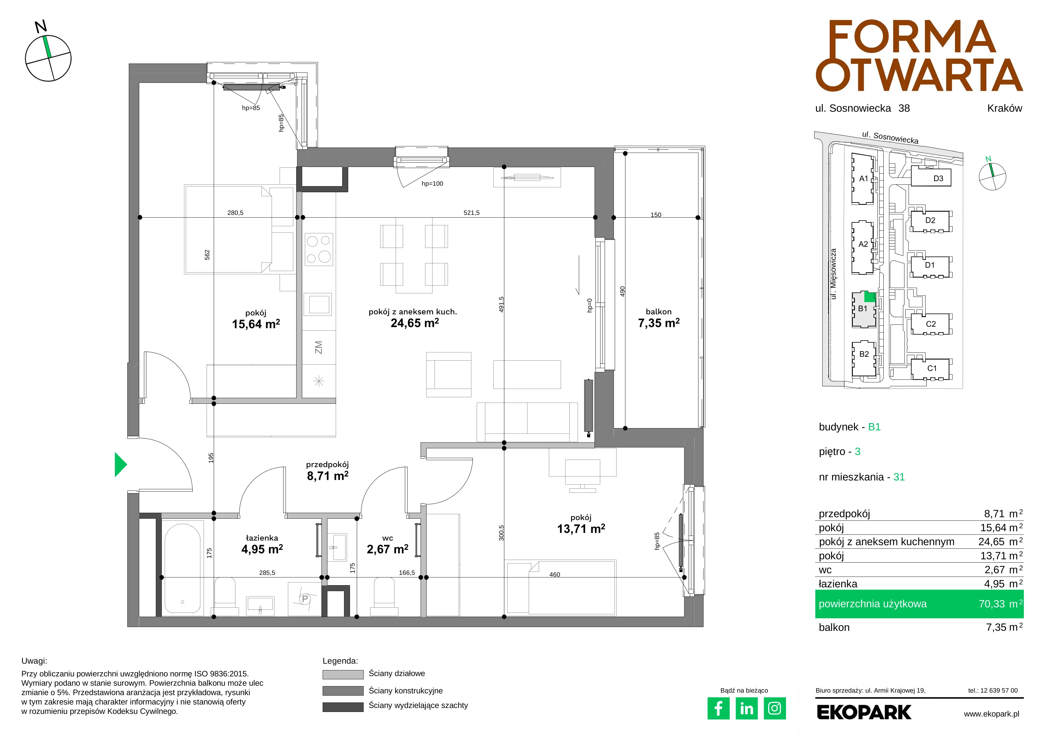 3 pokoje, mieszkanie 70,33 m², piętro 3, oferta nr B1-31, Forma Otwarta - Etap B, Kraków, Bronowice, Bronowice Wielkie, ul. Sosnowiecka