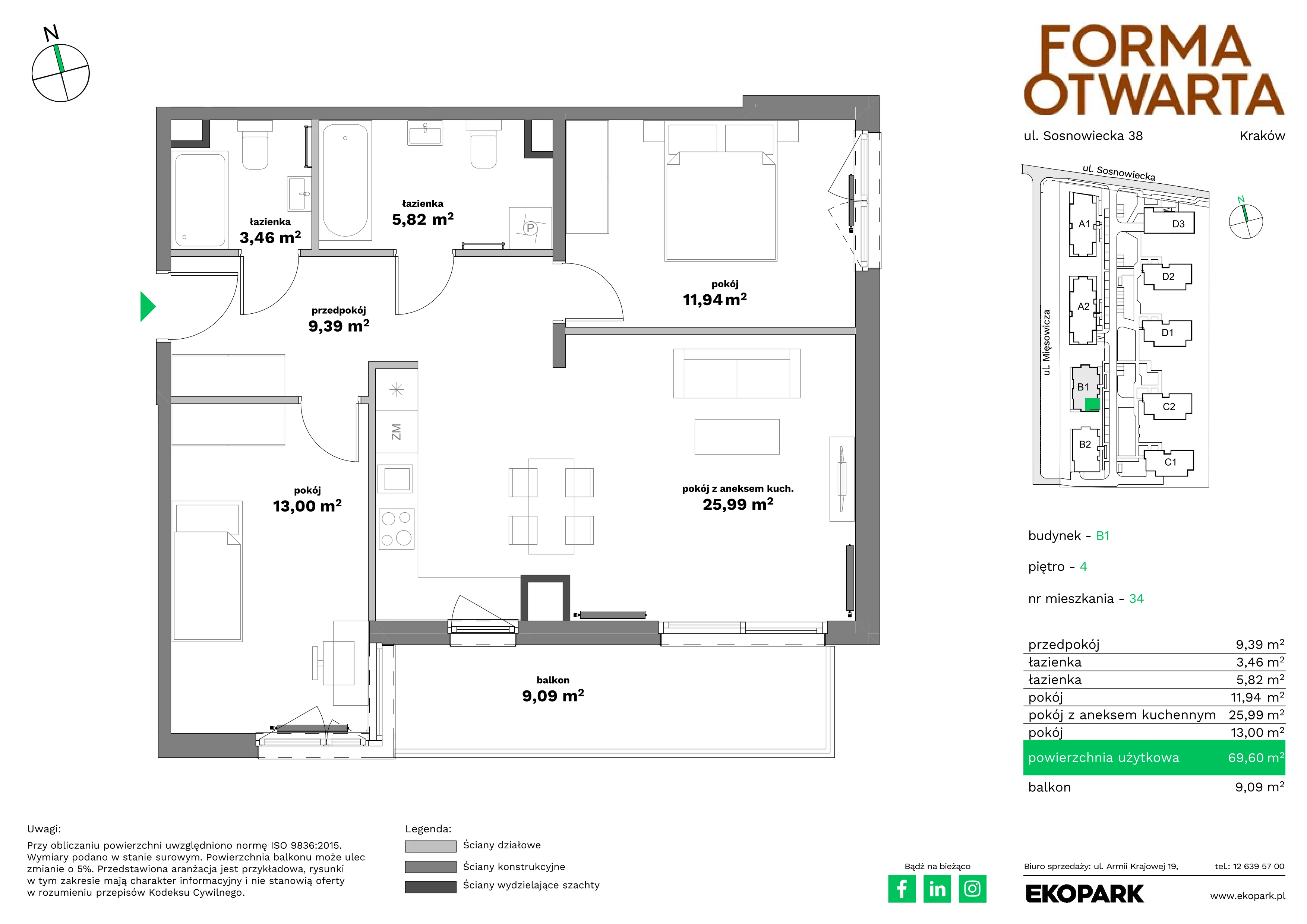 3 pokoje, mieszkanie 69,60 m², piętro 4, oferta nr B1-34, Forma Otwarta - Etap B, Kraków, Bronowice, Bronowice Wielkie, ul. Sosnowiecka