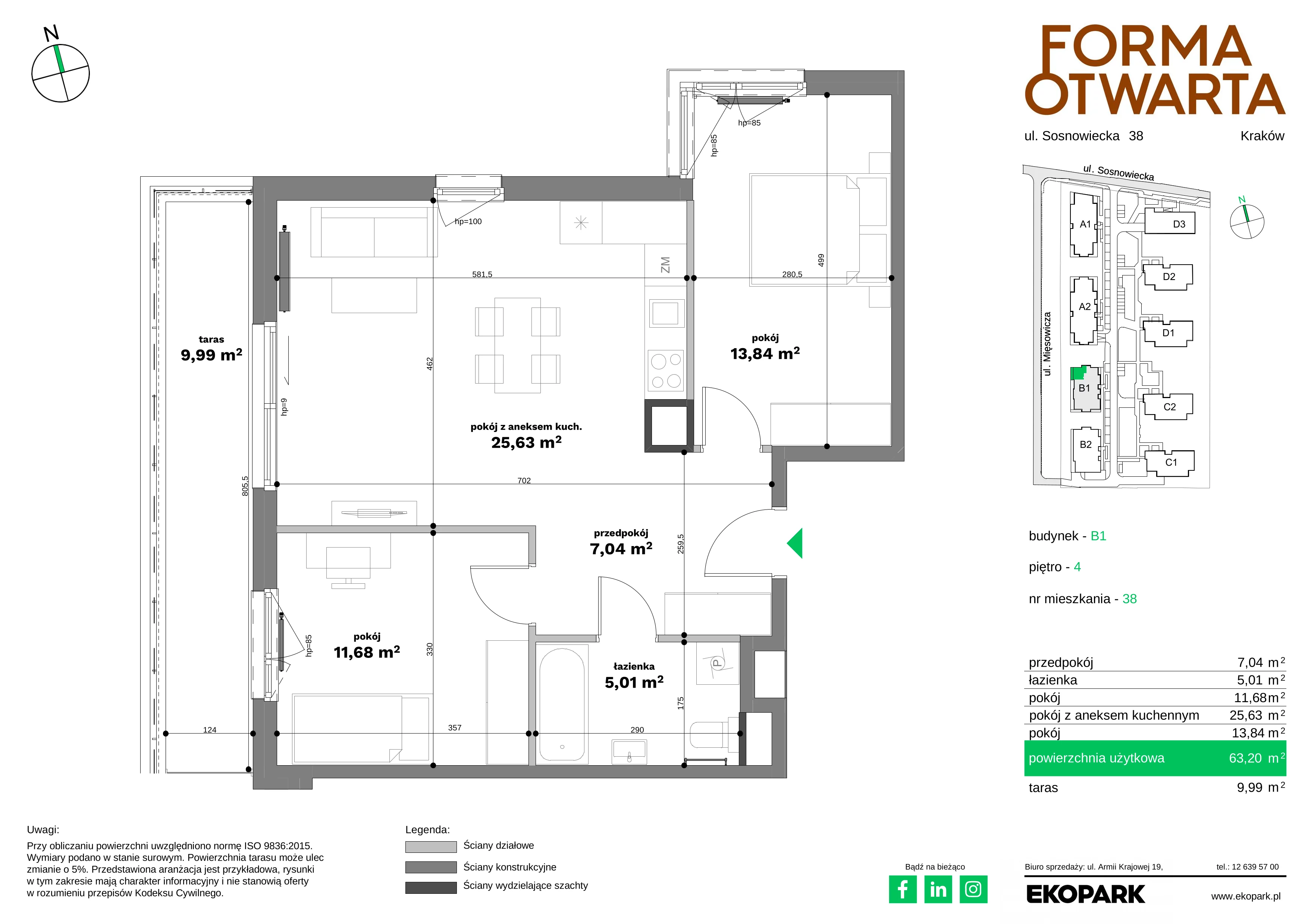 3 pokoje, mieszkanie 63,20 m², piętro 4, oferta nr B1-38, Forma Otwarta - Etap B, Kraków, Bronowice, Bronowice Wielkie, ul. Sosnowiecka