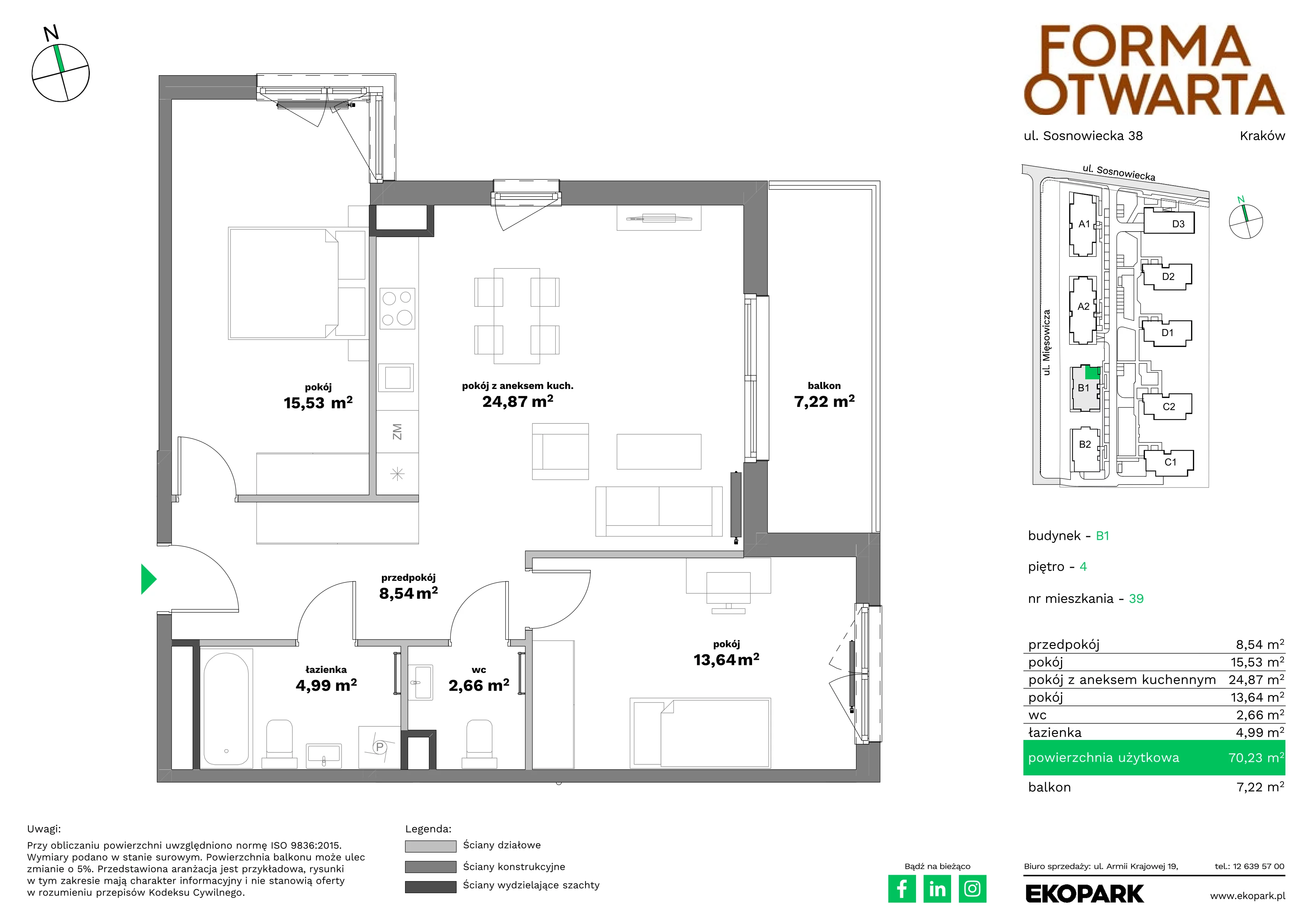 3 pokoje, mieszkanie 70,23 m², piętro 4, oferta nr B1-39, Forma Otwarta - Etap B, Kraków, Bronowice, Bronowice Wielkie, ul. Sosnowiecka