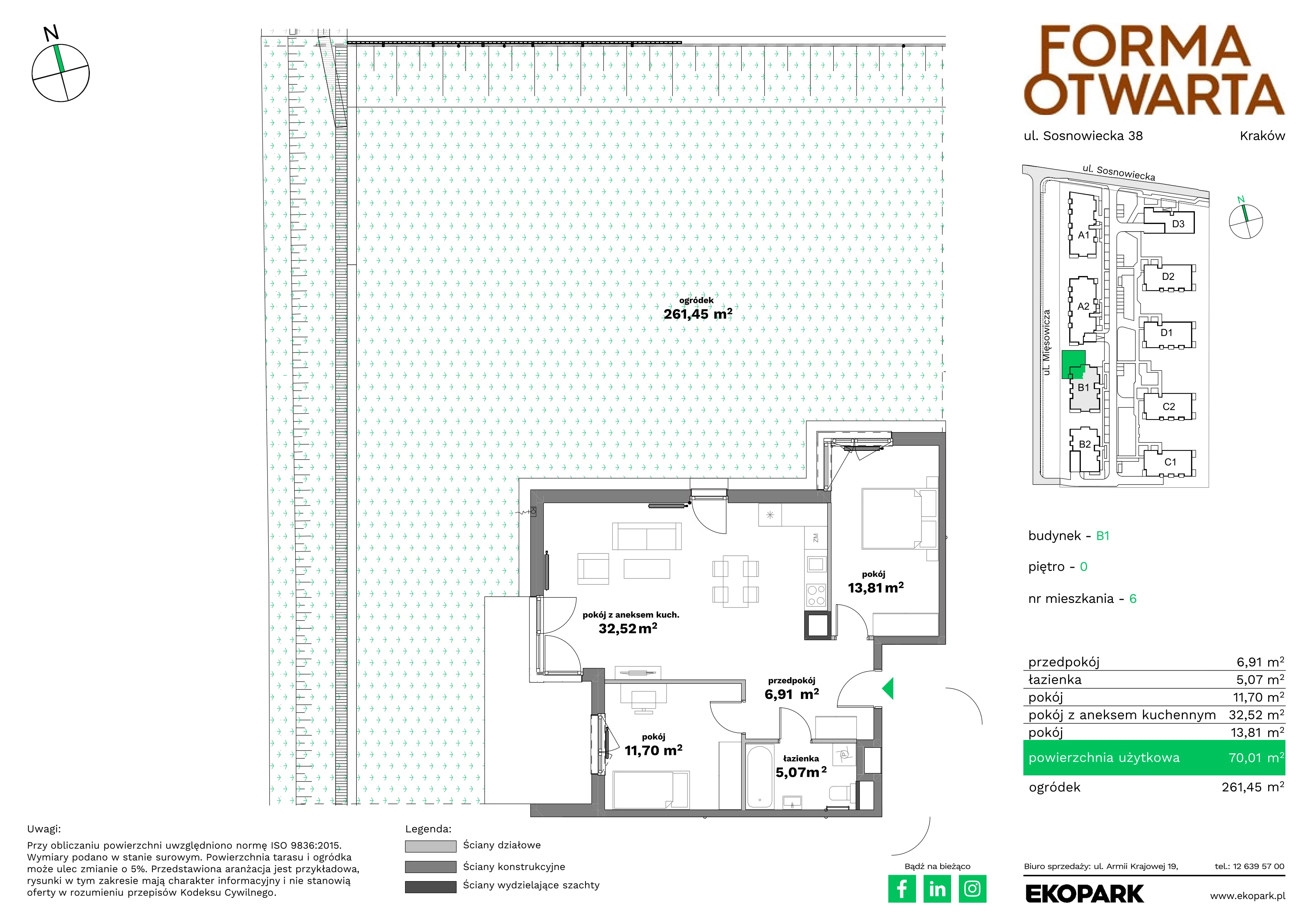 3 pokoje, mieszkanie 70,01 m², parter, oferta nr B1-6, Forma Otwarta - Etap B, Kraków, Bronowice, Bronowice Wielkie, ul. Sosnowiecka