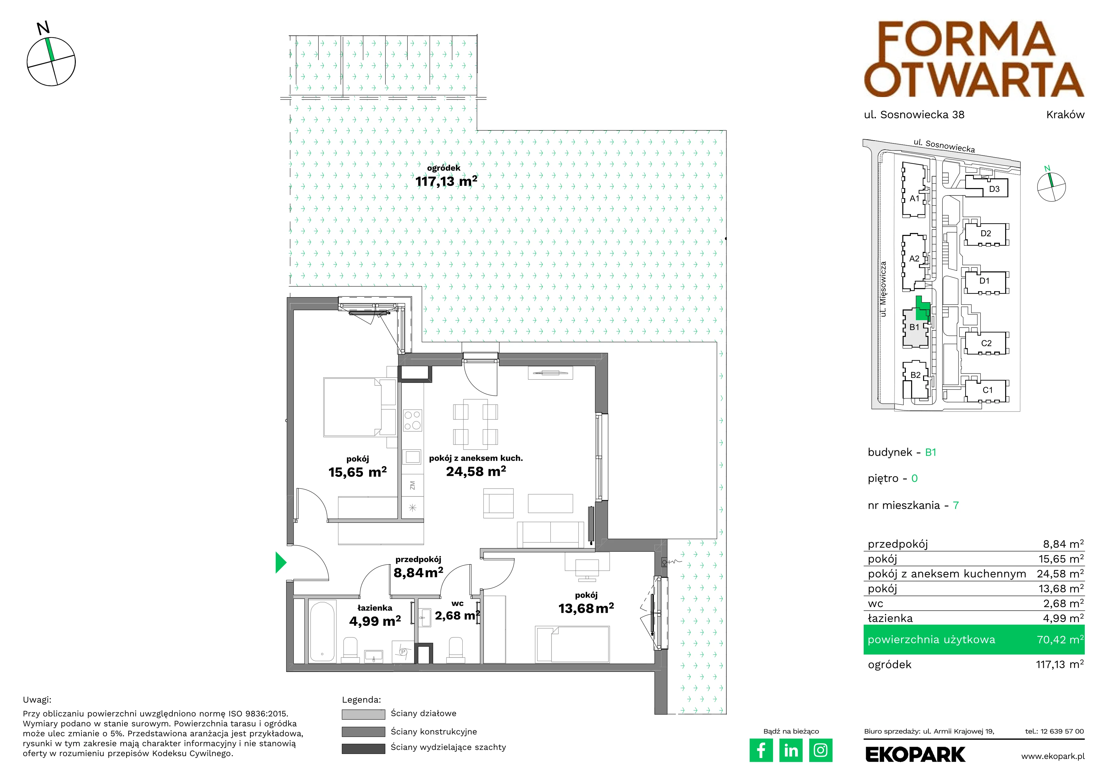 3 pokoje, mieszkanie 70,42 m², parter, oferta nr B1-7, Forma Otwarta - Etap B, Kraków, Bronowice, Bronowice Wielkie, ul. Sosnowiecka