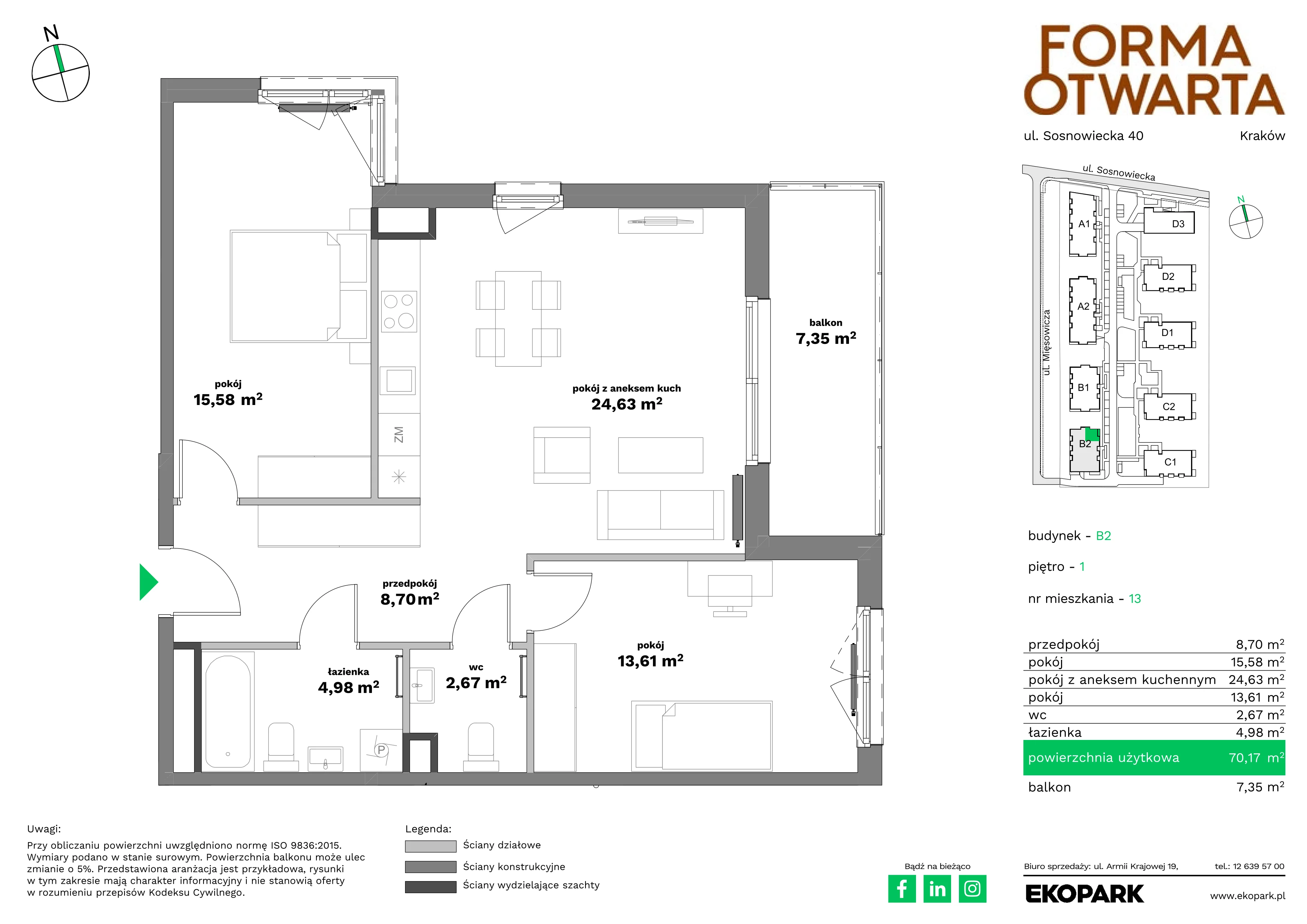 3 pokoje, mieszkanie 70,17 m², piętro 1, oferta nr B2-13, Forma Otwarta - Etap B, Kraków, Bronowice, Bronowice Wielkie, ul. Sosnowiecka
