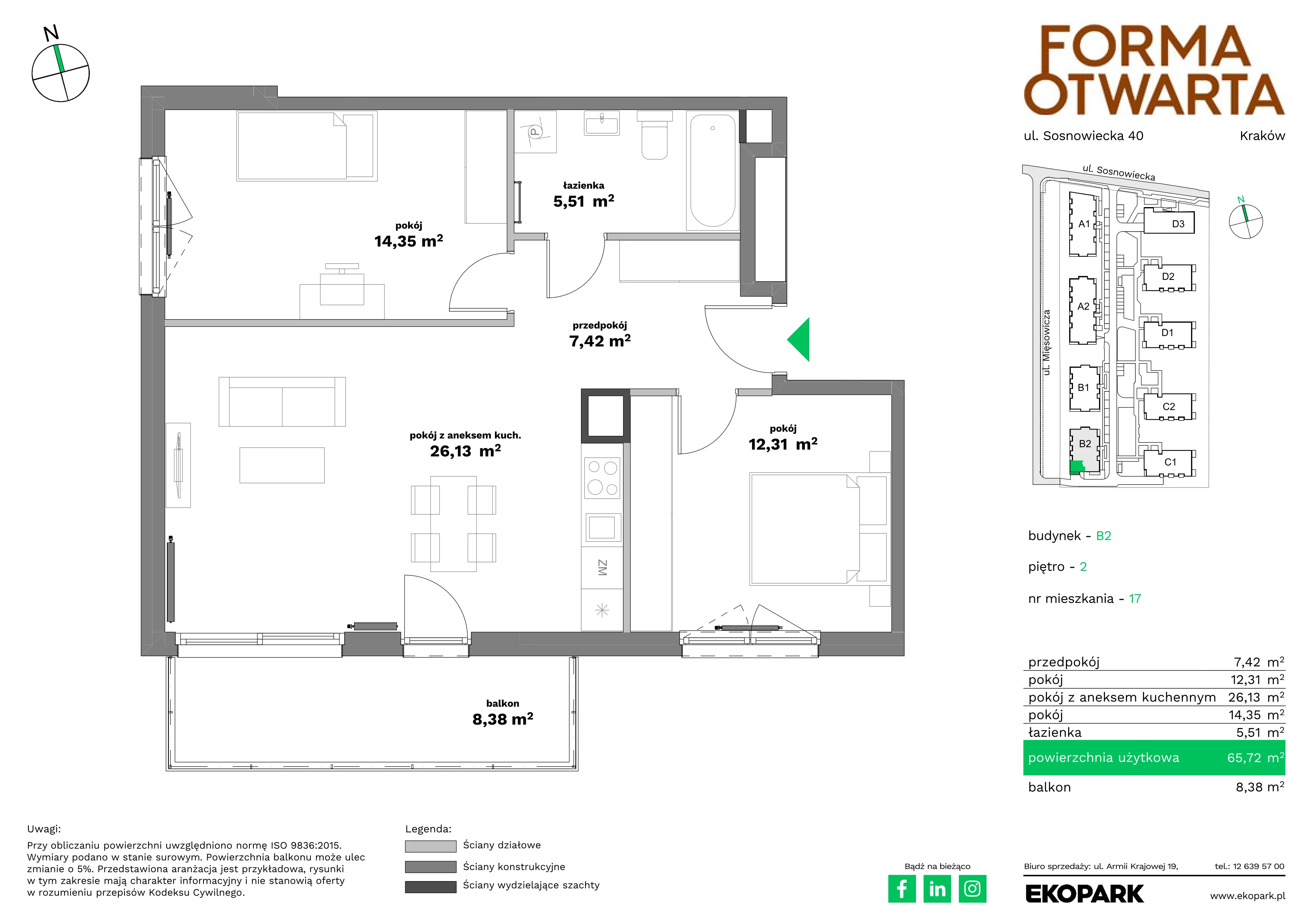 3 pokoje, mieszkanie 65,72 m², piętro 2, oferta nr B2-17, Forma Otwarta - Etap B, Kraków, Bronowice, Bronowice Wielkie, ul. Sosnowiecka