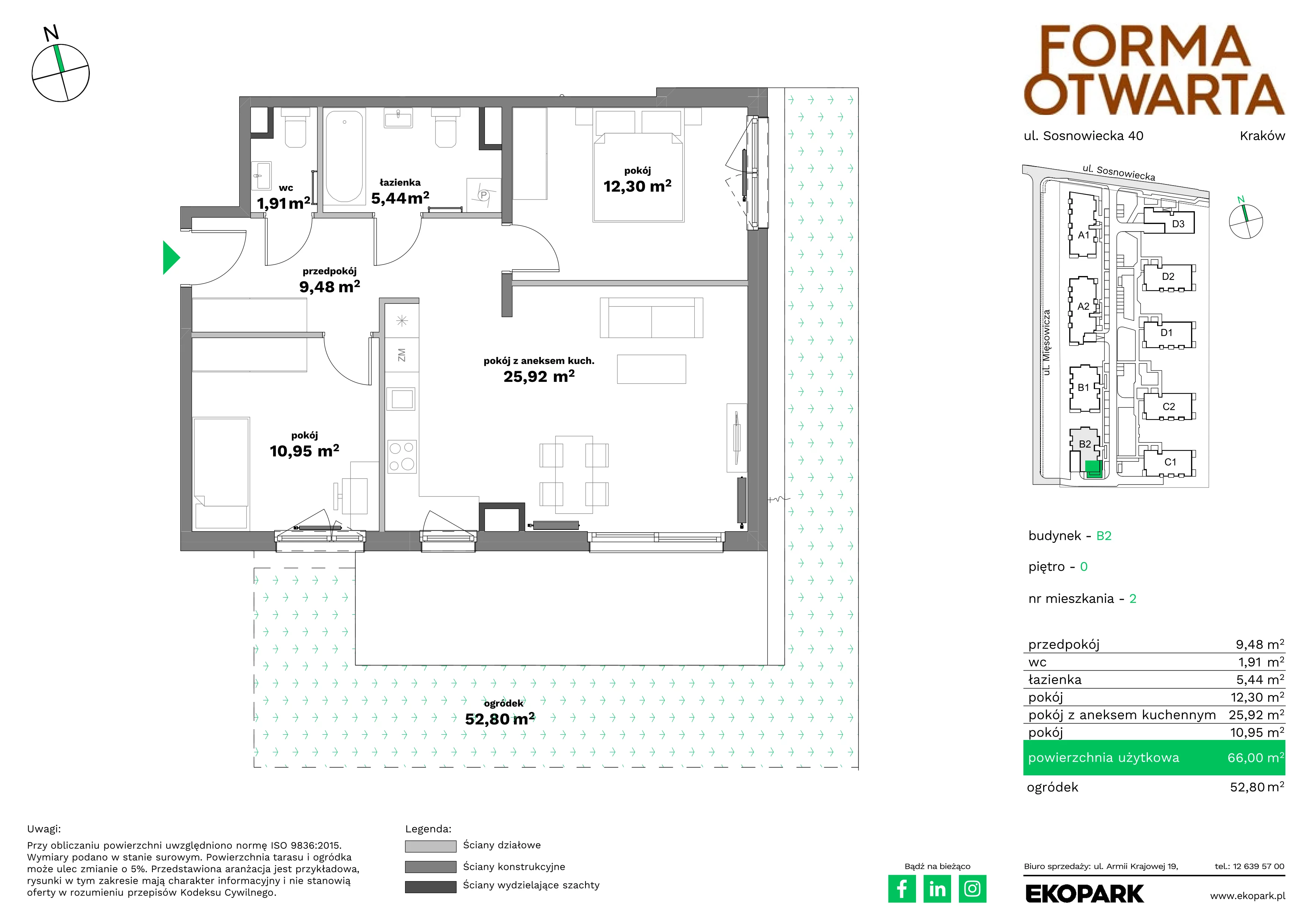 3 pokoje, mieszkanie 66,00 m², parter, oferta nr B2-2, Forma Otwarta - Etap B, Kraków, Bronowice, Bronowice Wielkie, ul. Sosnowiecka