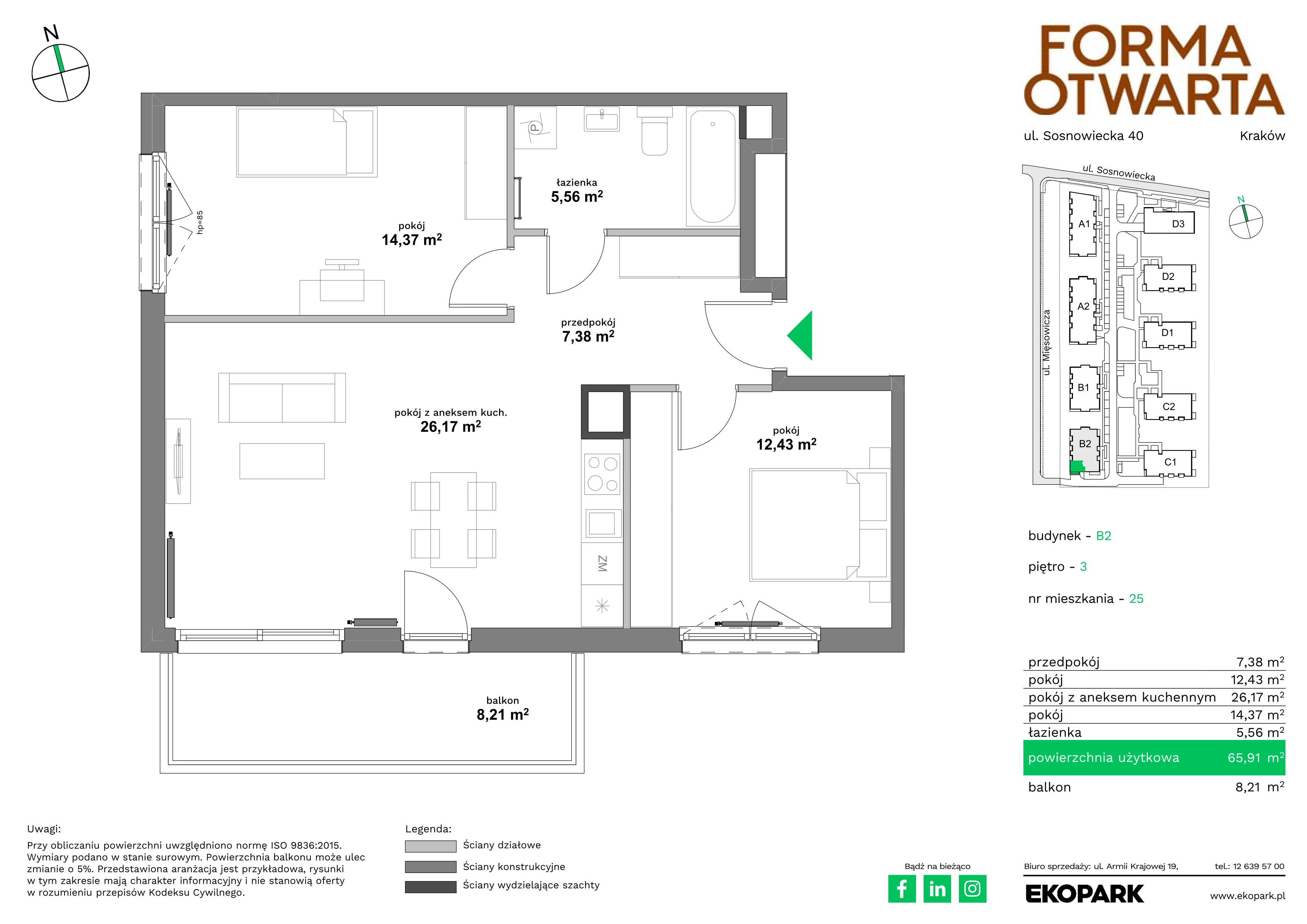 3 pokoje, mieszkanie 65,91 m², piętro 3, oferta nr B2-25, Forma Otwarta - Etap B, Kraków, Bronowice, Bronowice Wielkie, ul. Sosnowiecka