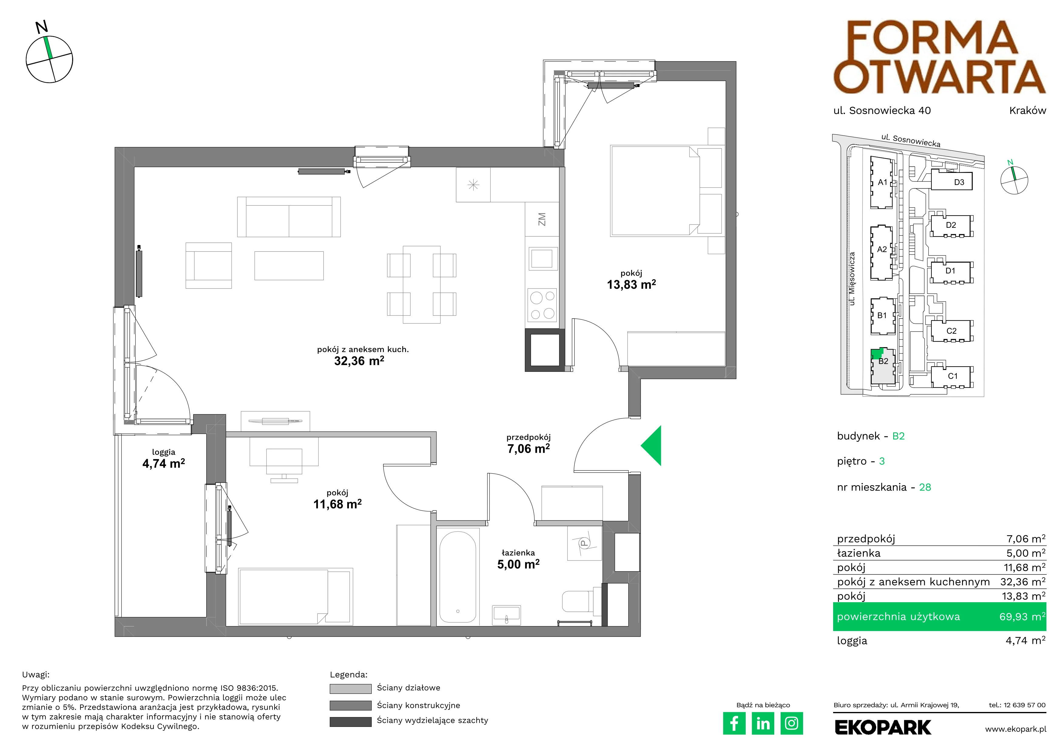 3 pokoje, mieszkanie 69,93 m², piętro 3, oferta nr B2-28, Forma Otwarta - Etap B, Kraków, Bronowice, Bronowice Wielkie, ul. Sosnowiecka
