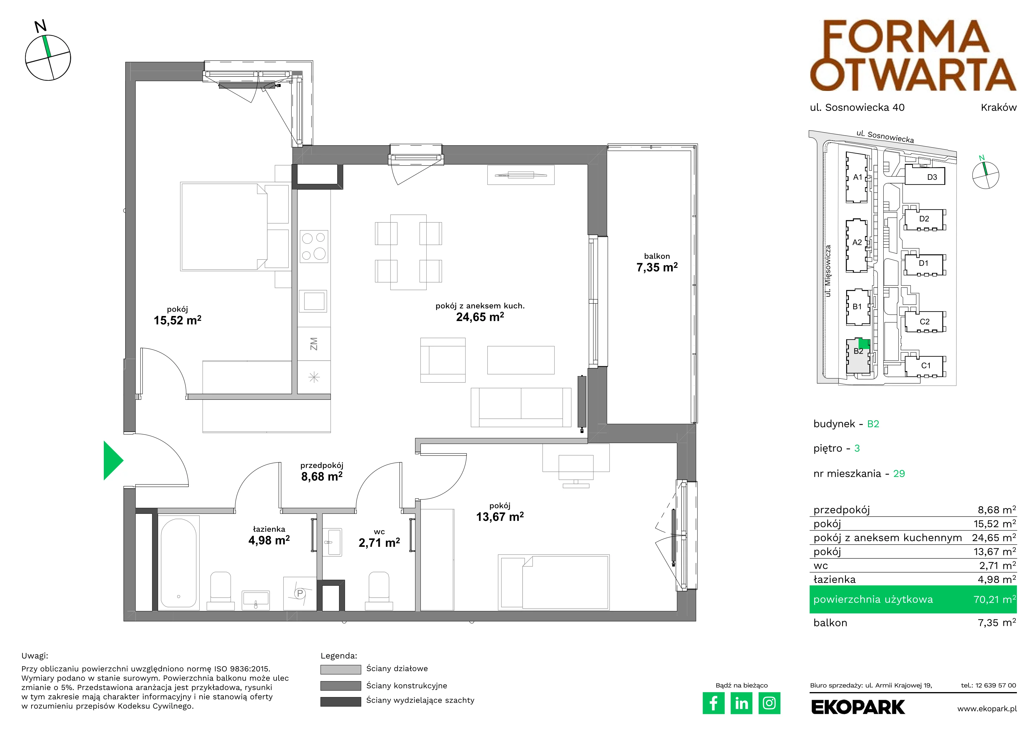 3 pokoje, mieszkanie 70,21 m², piętro 3, oferta nr B2-29, Forma Otwarta - Etap B, Kraków, Bronowice, Bronowice Wielkie, ul. Sosnowiecka