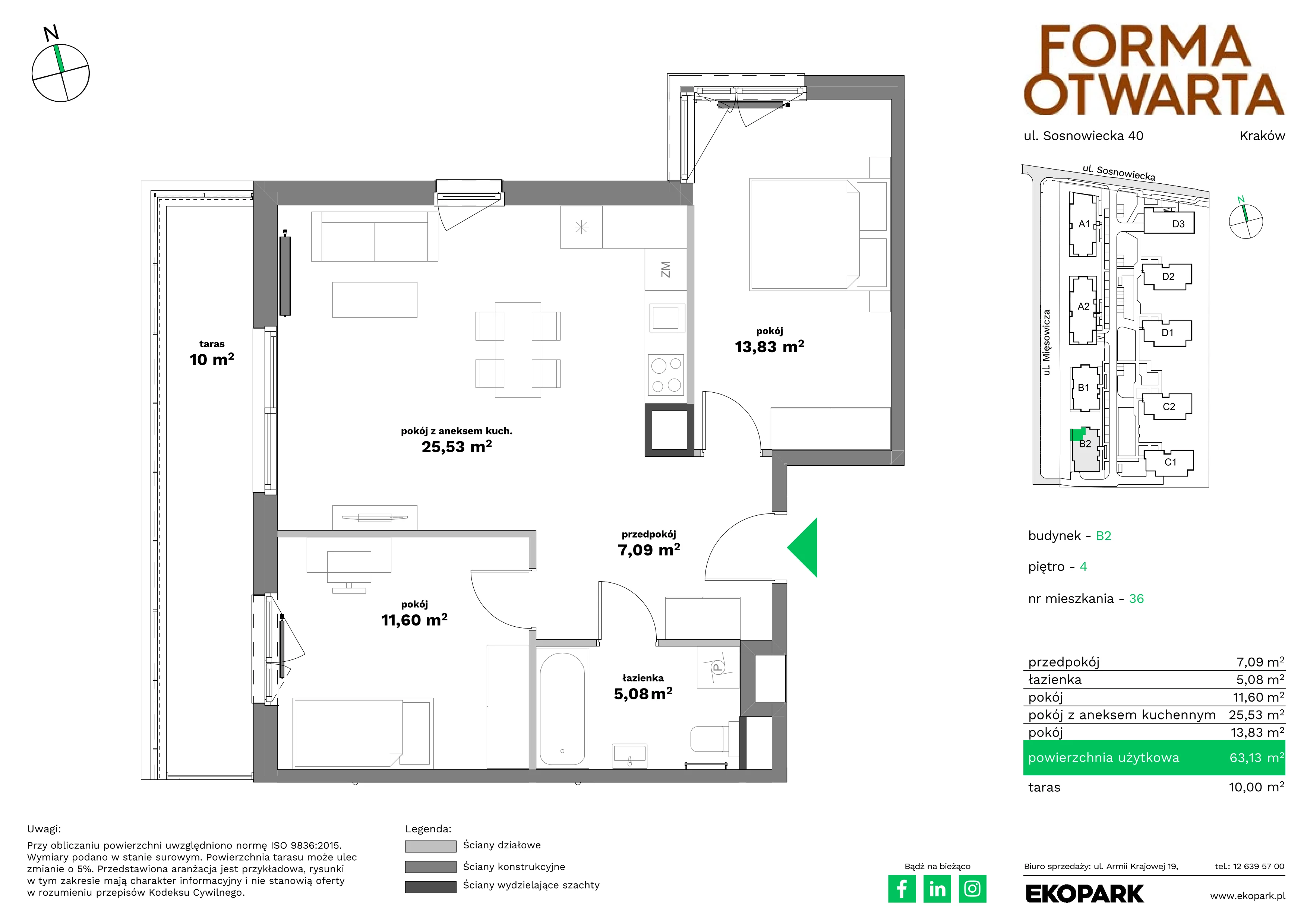 3 pokoje, mieszkanie 63,13 m², piętro 4, oferta nr B2-36, Forma Otwarta - Etap B, Kraków, Bronowice, Bronowice Wielkie, ul. Sosnowiecka