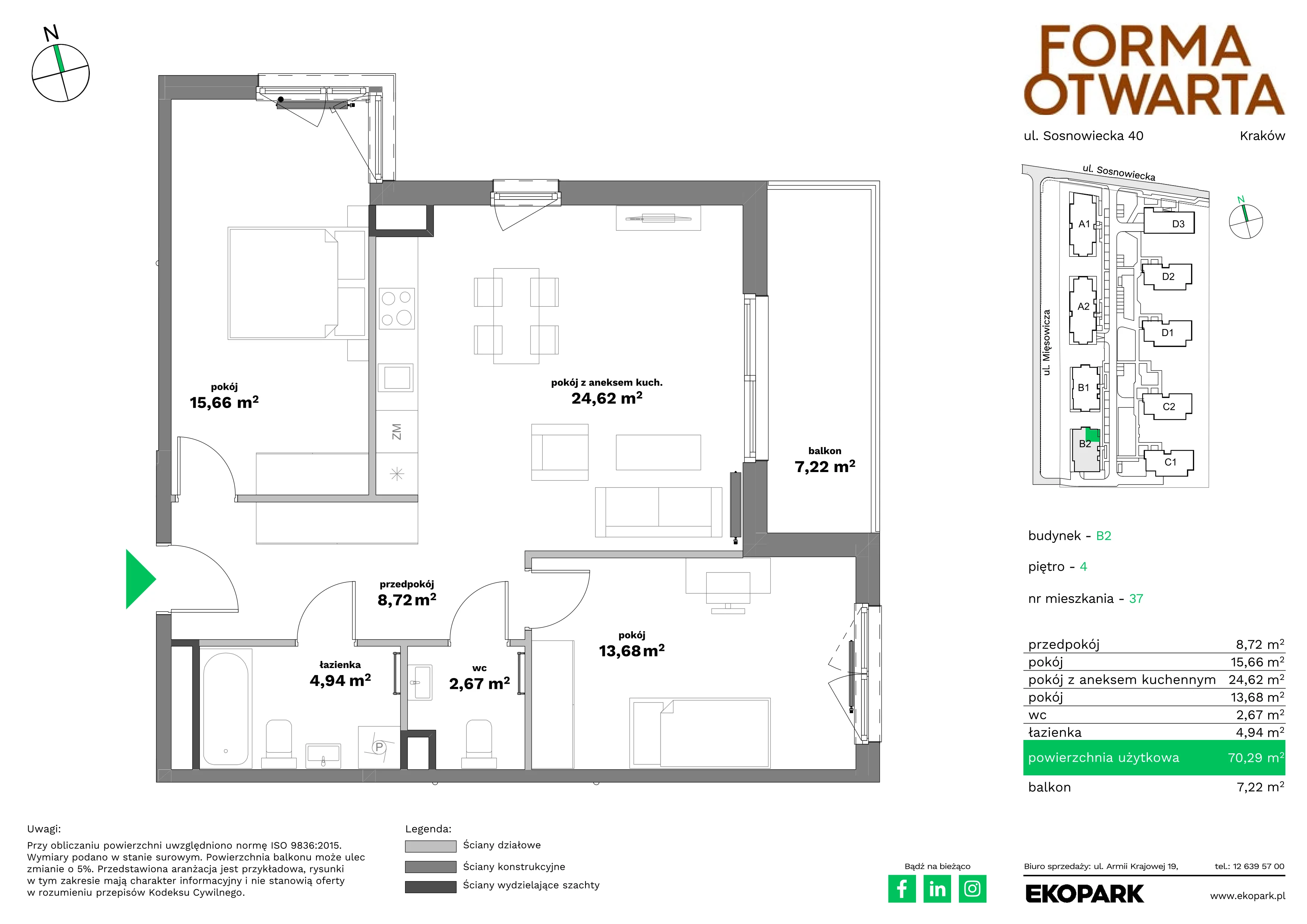 3 pokoje, mieszkanie 70,29 m², piętro 4, oferta nr B2-37, Forma Otwarta - Etap B, Kraków, Bronowice, Bronowice Wielkie, ul. Sosnowiecka