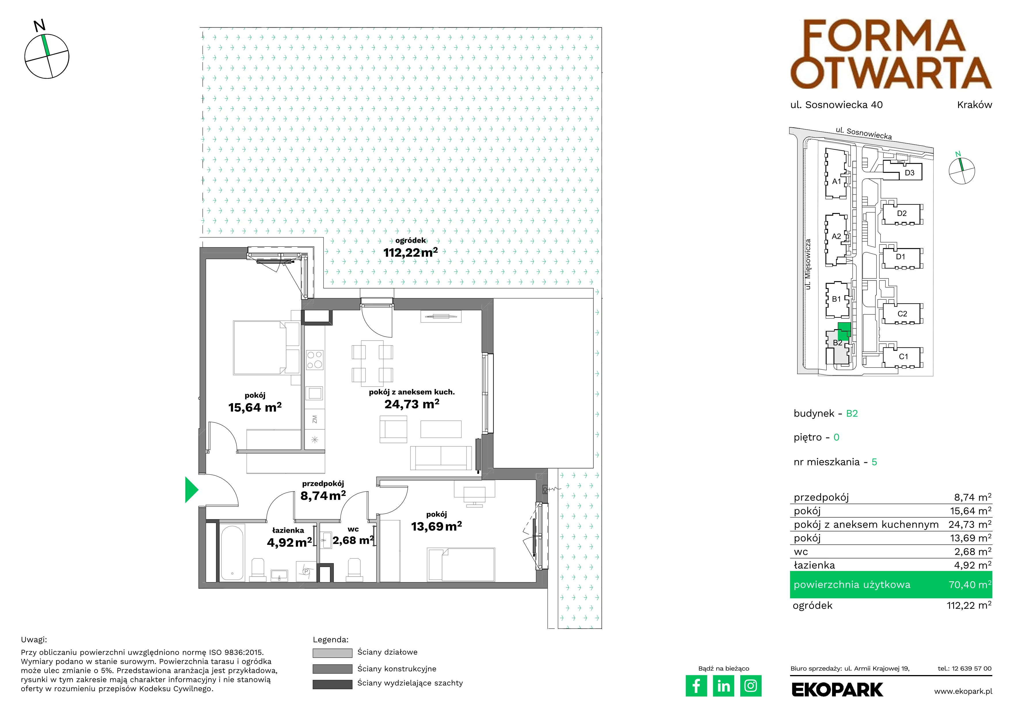 3 pokoje, mieszkanie 70,40 m², parter, oferta nr B2-5, Forma Otwarta - Etap B, Kraków, Bronowice, Bronowice Wielkie, ul. Sosnowiecka