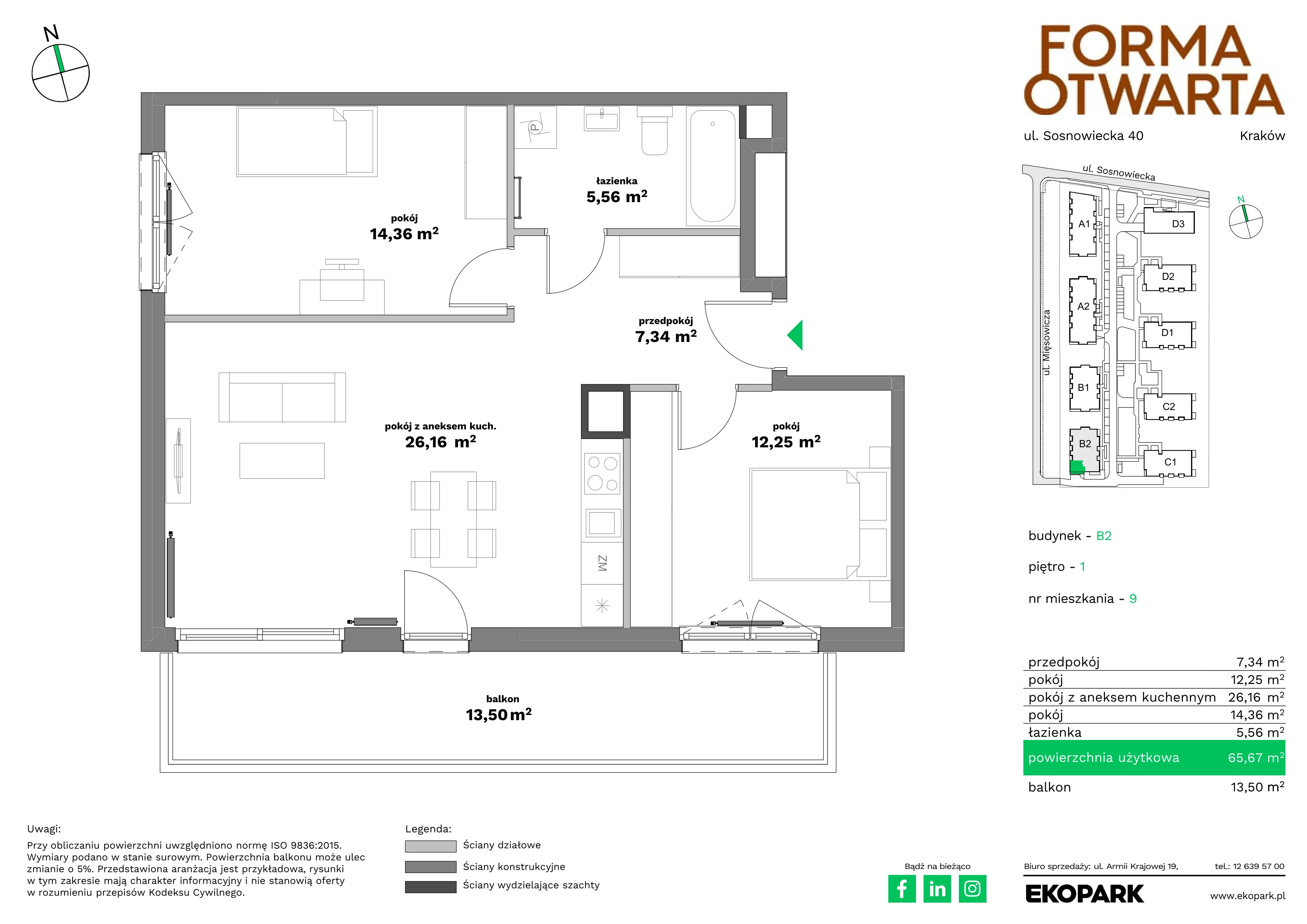 3 pokoje, mieszkanie 65,67 m², piętro 1, oferta nr B2-9, Forma Otwarta - Etap B, Kraków, Bronowice, Bronowice Wielkie, ul. Sosnowiecka