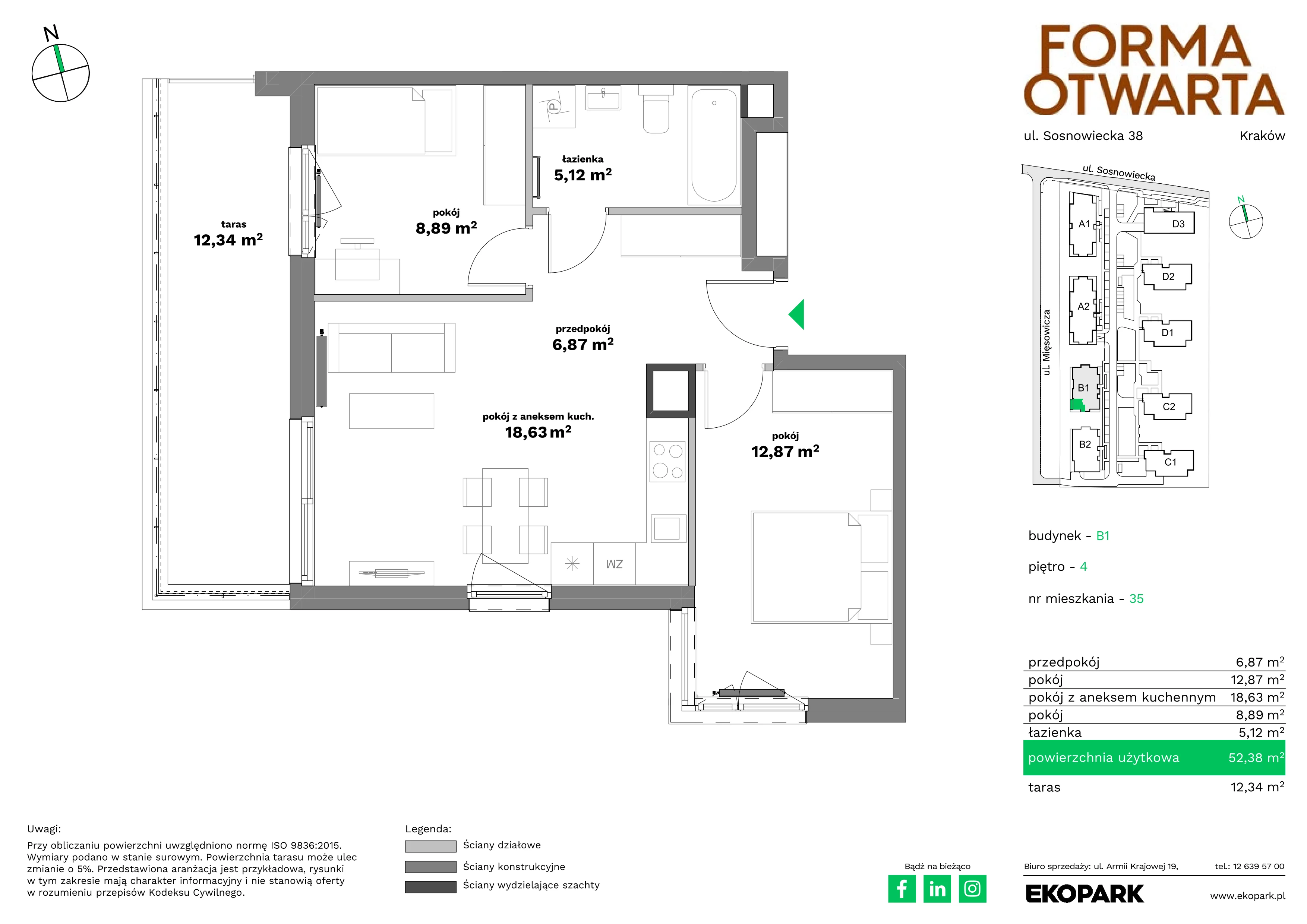 3 pokoje, mieszkanie 52,38 m², piętro 4, oferta nr B1-35, Forma Otwarta - Etap B, Kraków, Bronowice, Bronowice Wielkie, ul. Sosnowiecka