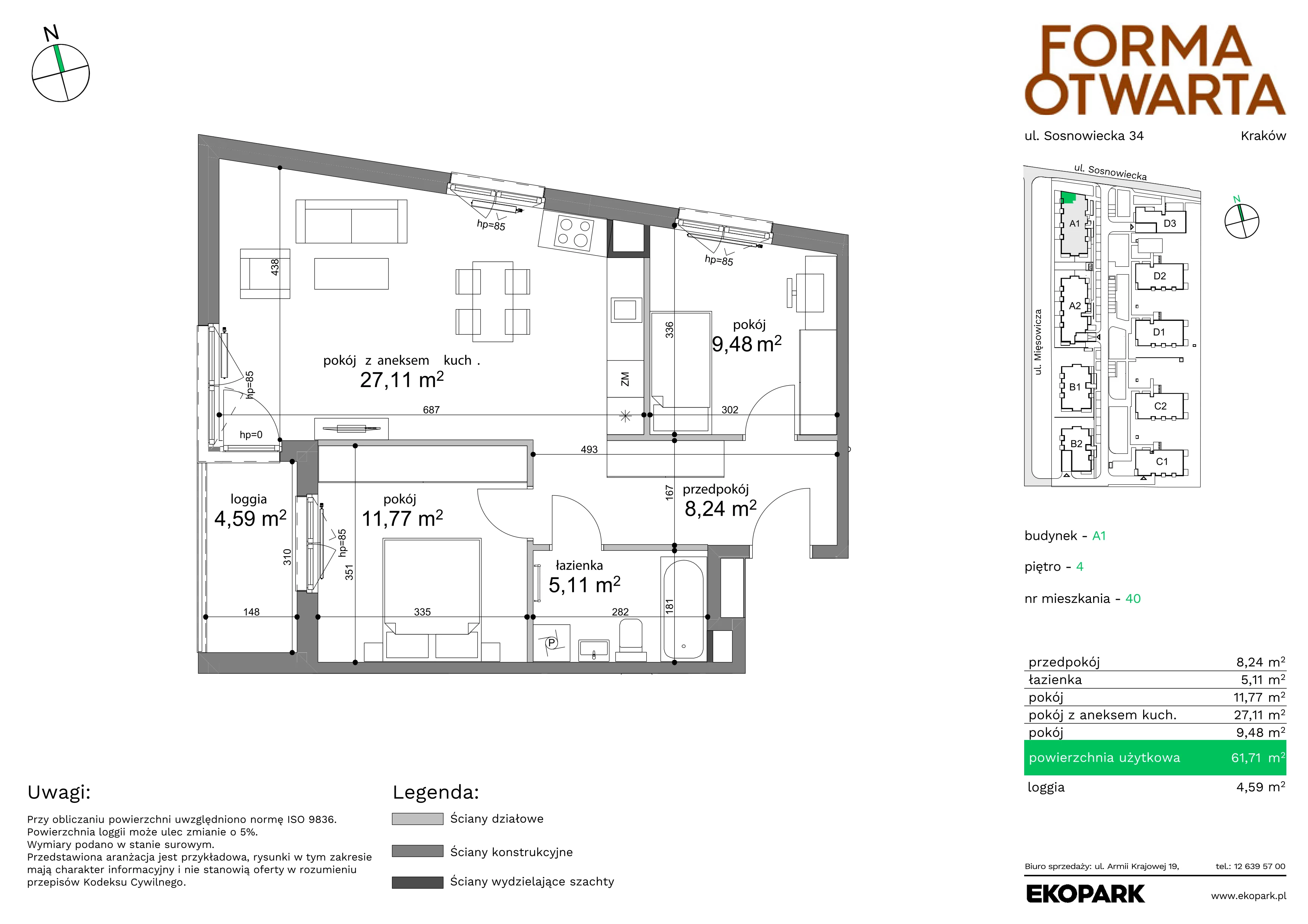 3 pokoje, mieszkanie 61,71 m², piętro 4, oferta nr A1-40, Forma Otwarta, Kraków, Bronowice, Bronowice Wielkie, ul. Sosnowiecka