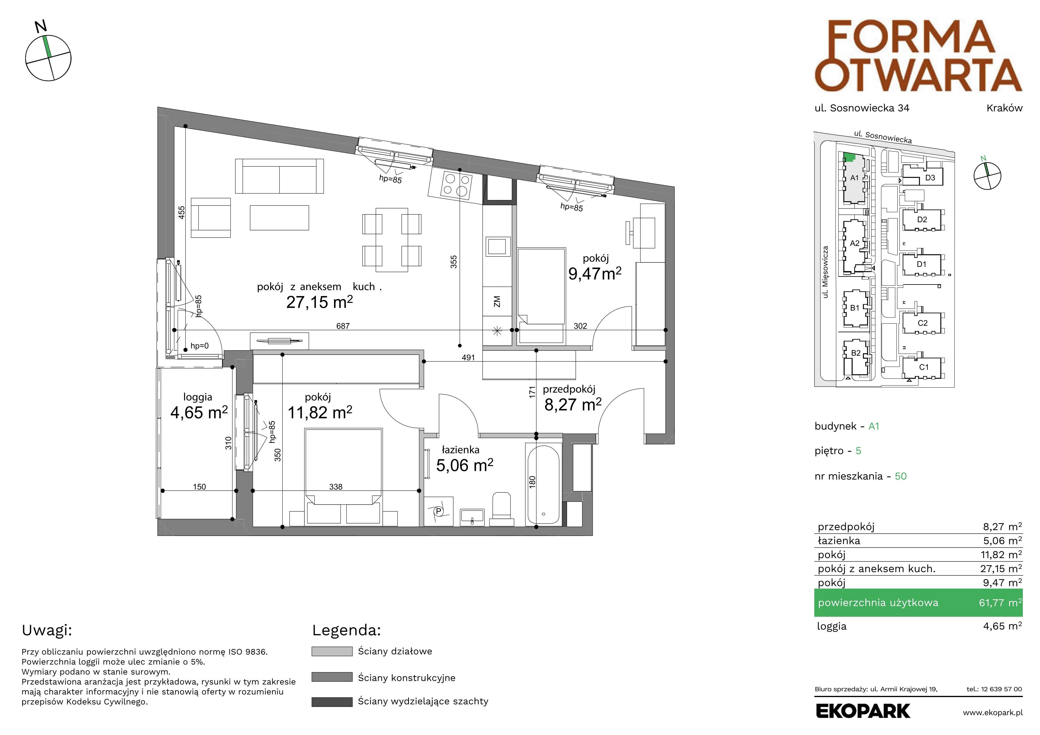 3 pokoje, mieszkanie 61,77 m², piętro 5, oferta nr A1-50, Forma Otwarta, Kraków, Bronowice, Bronowice Wielkie, ul. Sosnowiecka
