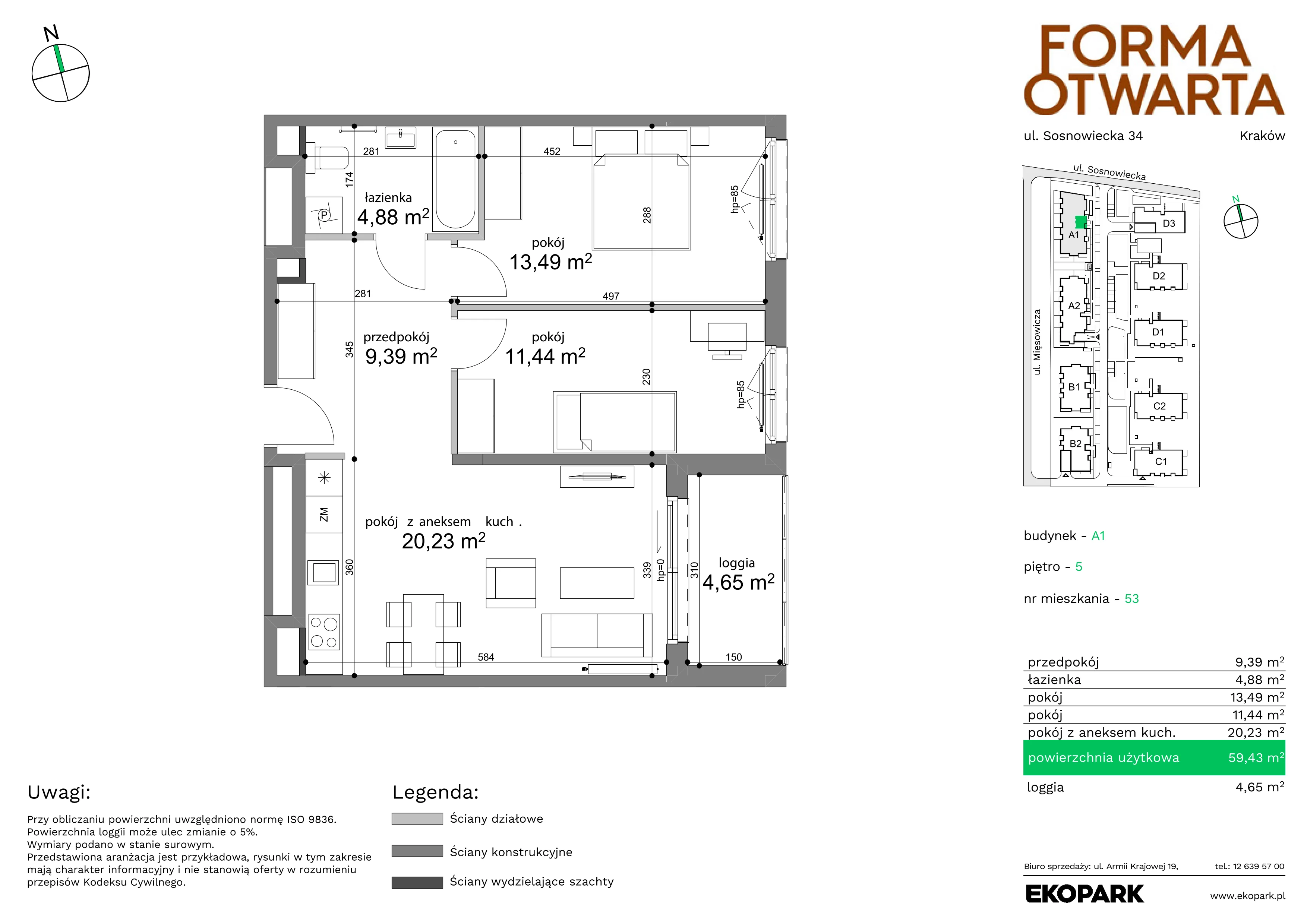 3 pokoje, mieszkanie 59,43 m², piętro 5, oferta nr A1-53, Forma Otwarta, Kraków, Bronowice, Bronowice Wielkie, ul. Sosnowiecka